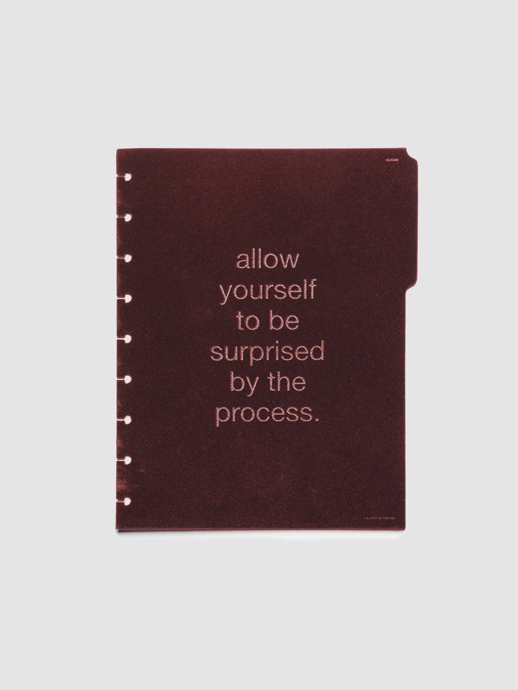 First velvet side tab planners dividers in the color Bordeaux with text deboss design reading "allow yourself to be surprised by the process" in size HP Classic.