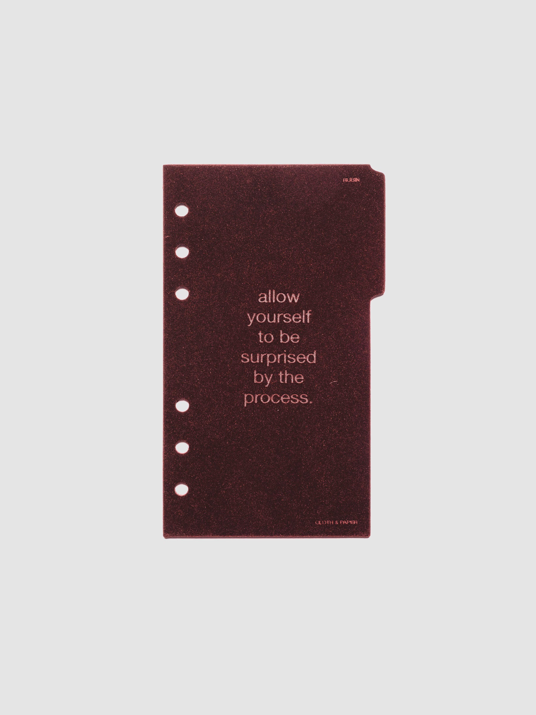 First velvet side tab planners dividers in the color Bordeaux with text deboss design reading "allow yourself to be surprised by the process" in size Personal.