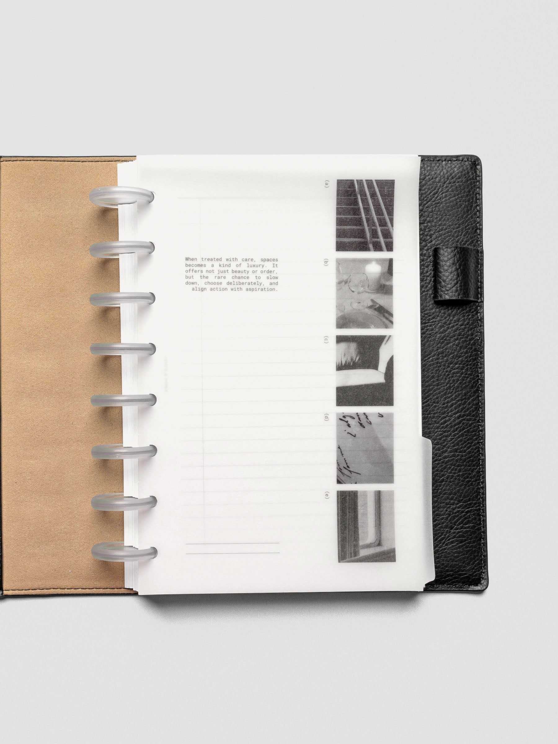 Half Letter Editorial Vellum Dividers Vol. 2 displayed in an open planner with layered inserts.