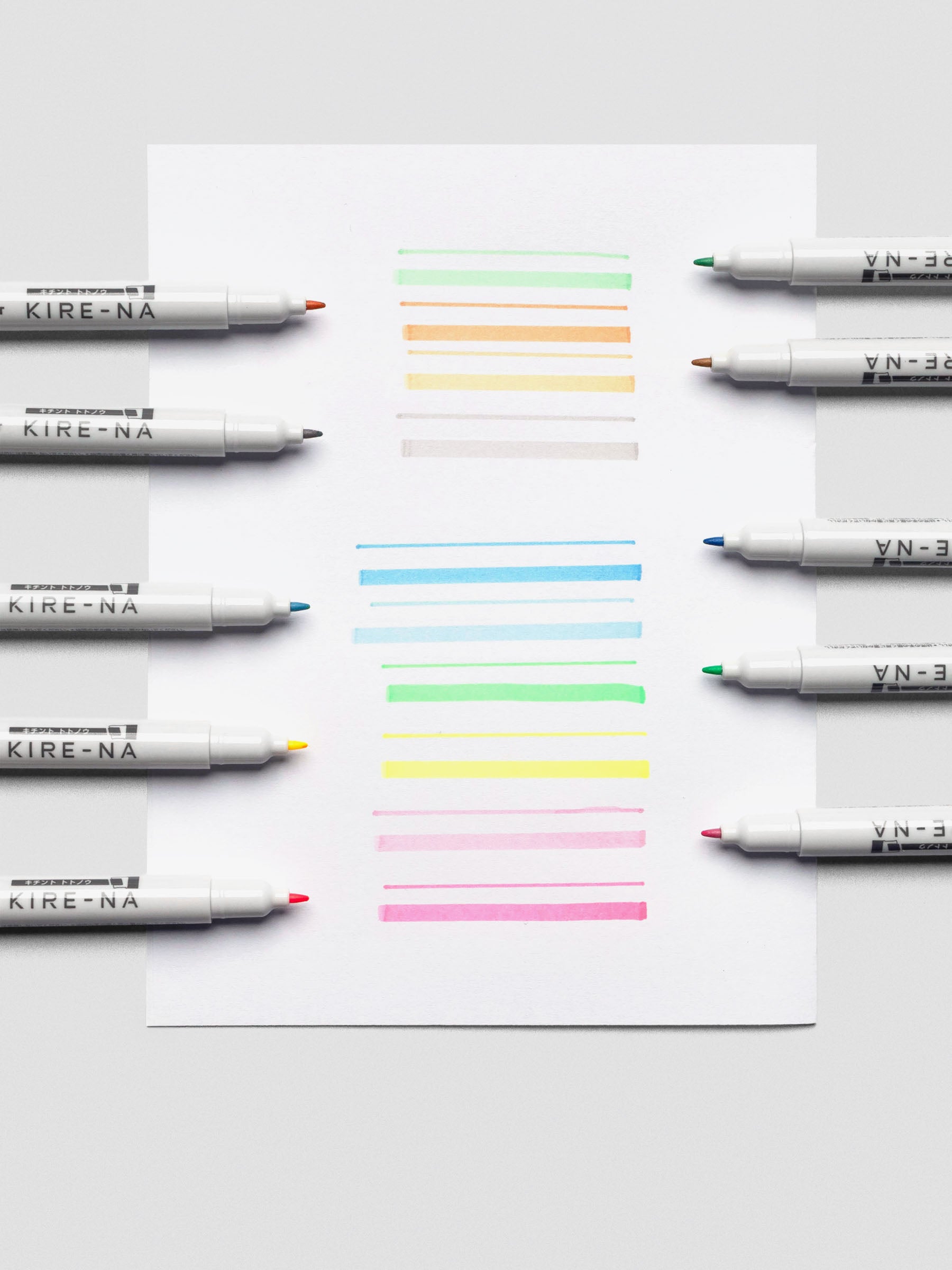 Six Pilot Kire-Na highlighters arranged together in Warm Grey, Blue, Green, Yellow, Orange, and Pink.