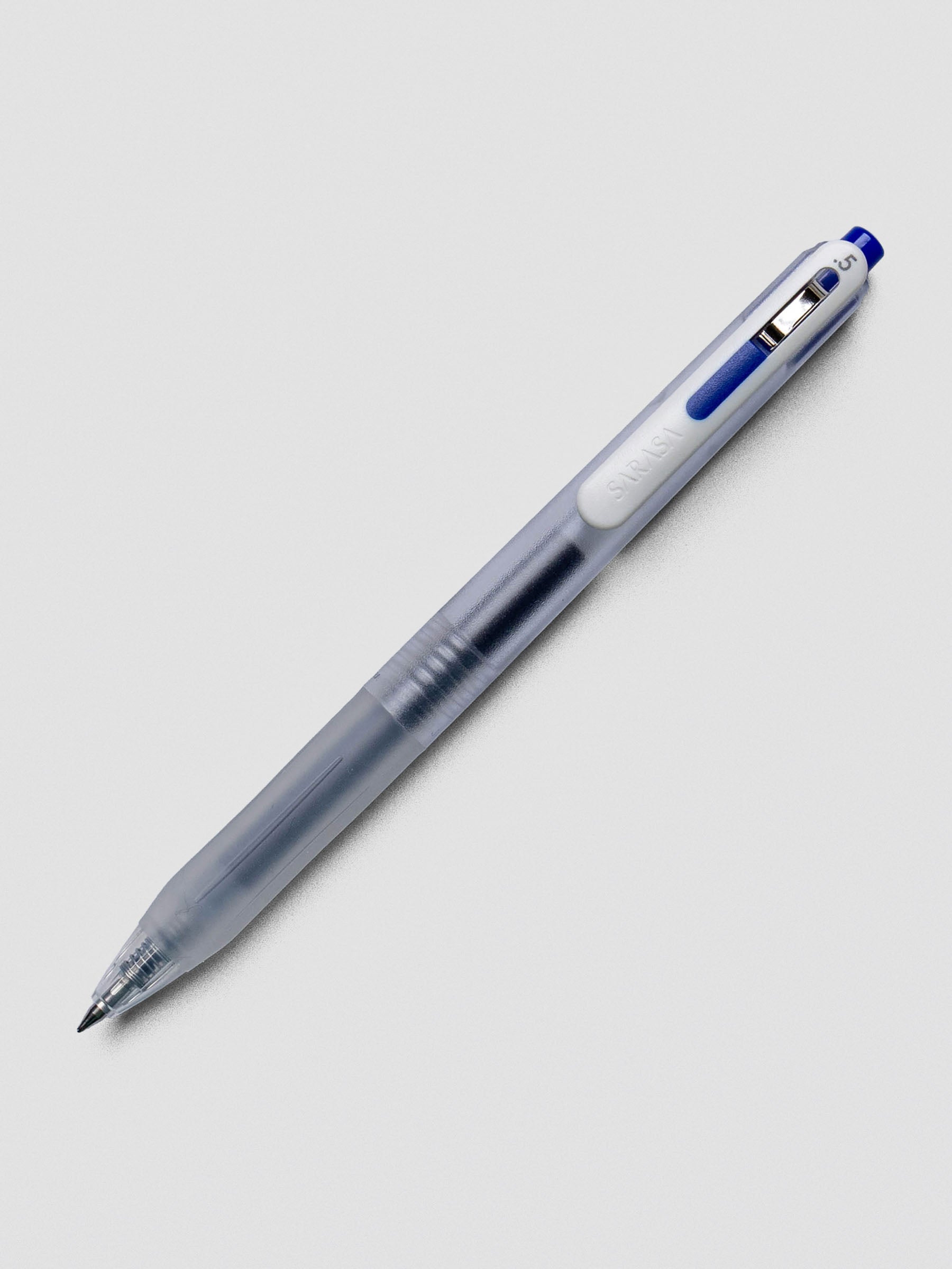 Zebra Sarasa Chill gel pen in Clear Blue with clear barrel and blue accents on white background.