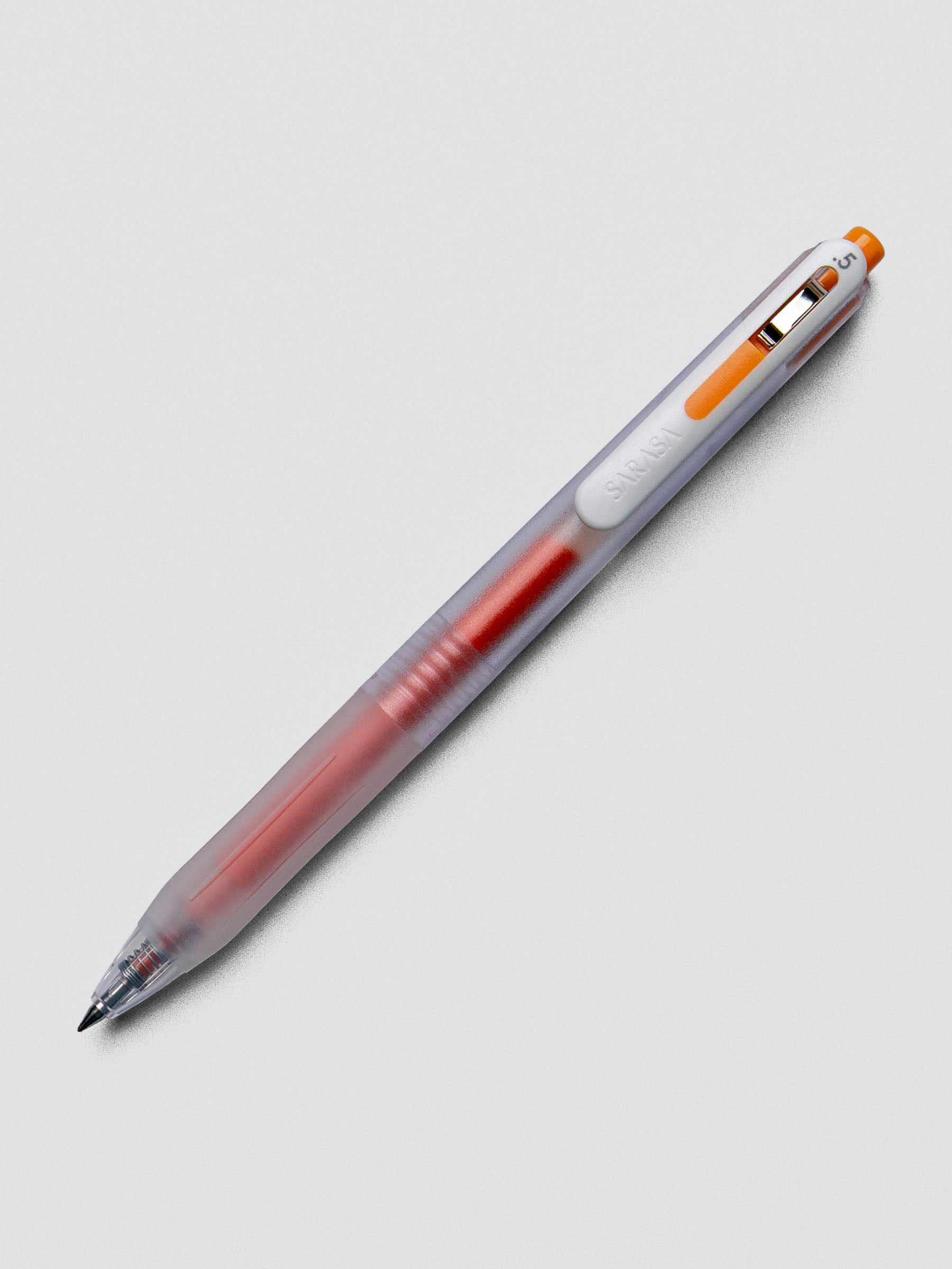 Zebra Sarasa Chill gel pen in Clear Orange with clear barrel and orange accents on white background.