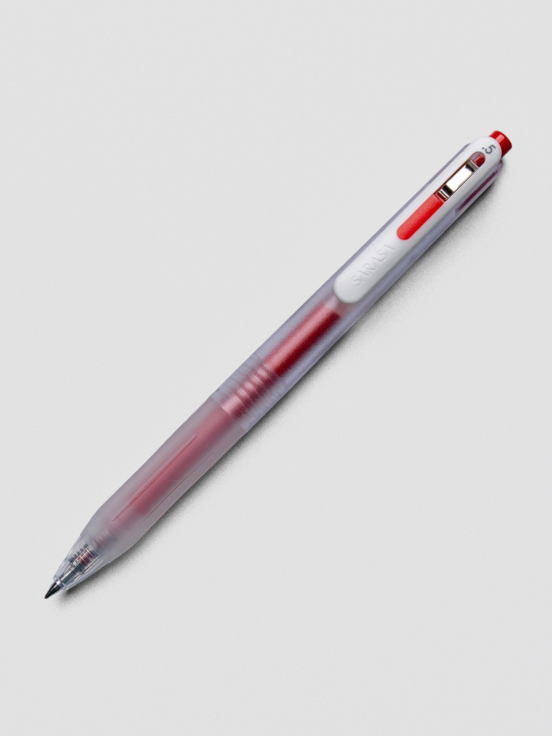 Zebra Sarasa Chill gel pen in Clear Red with clear barrel and red accents on white background.