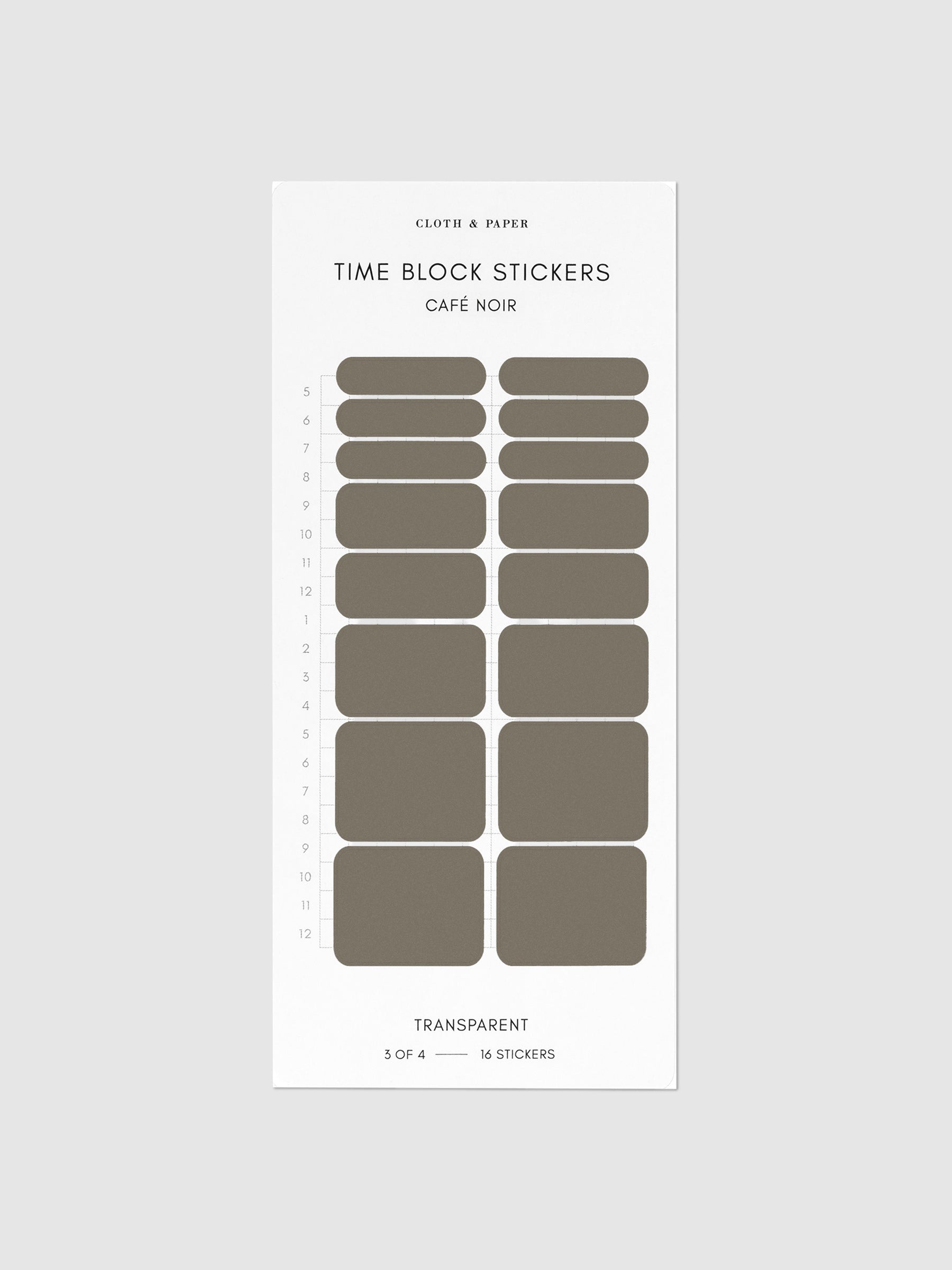 Cafe Noir dark brown time block stickers displayed on a neutral background.