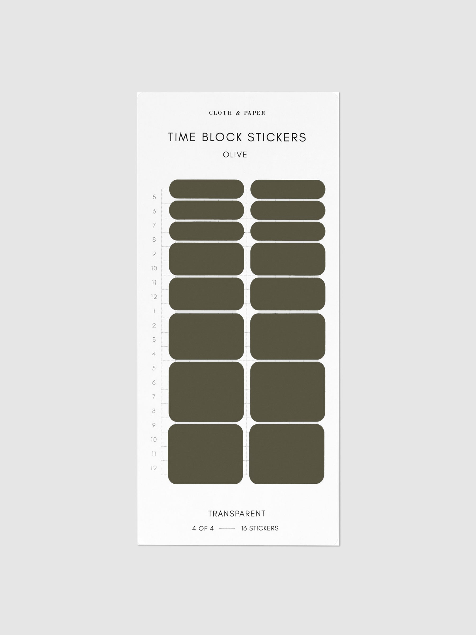 Olive green time block stickers displayed on a neutral background.