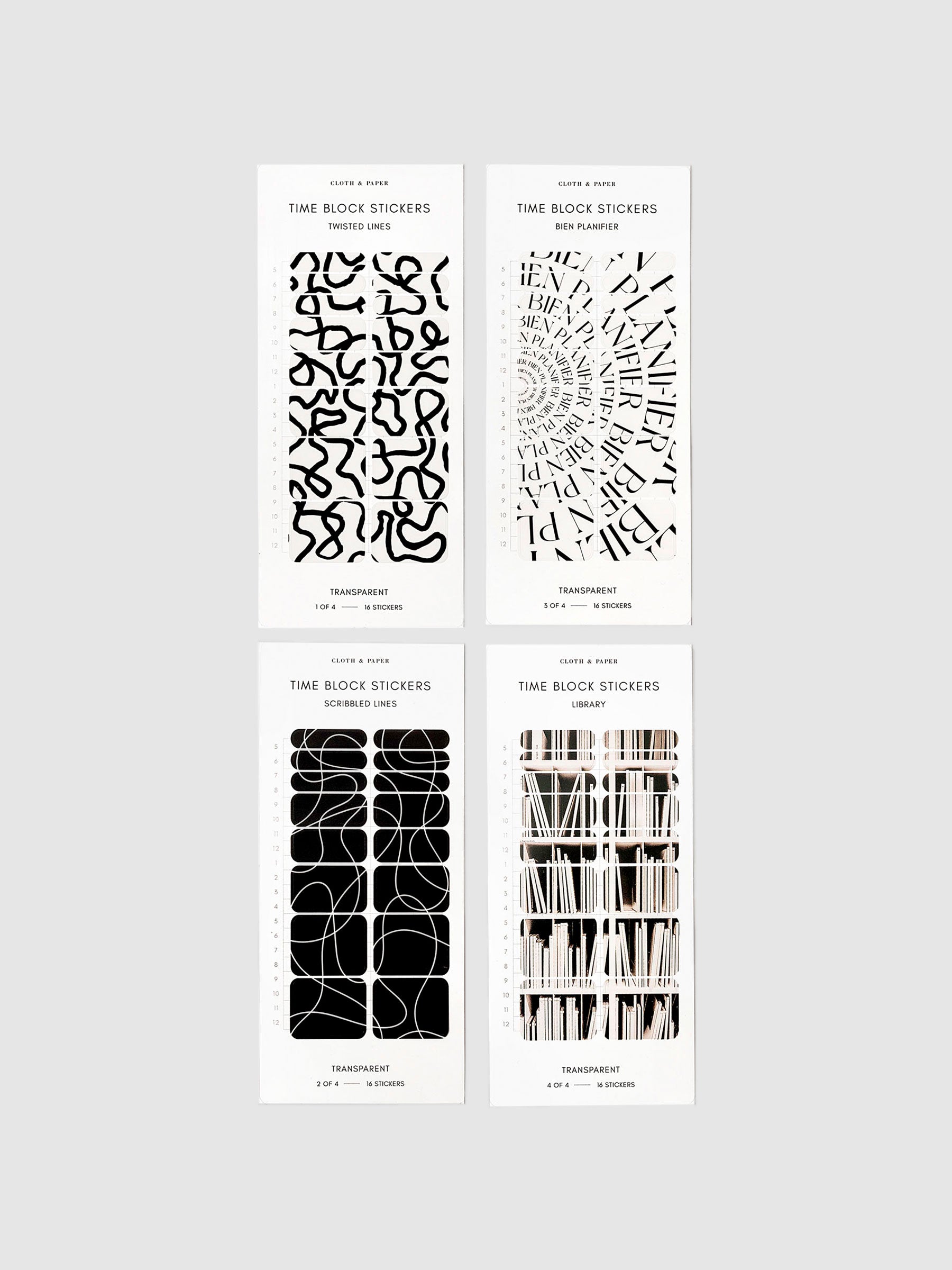 Time Block Sticker Set, Vol 6. Four colors of time block stickers - black twisted lines, bien planner, scribbled lines, and library print - are arranged together on a neutral background.