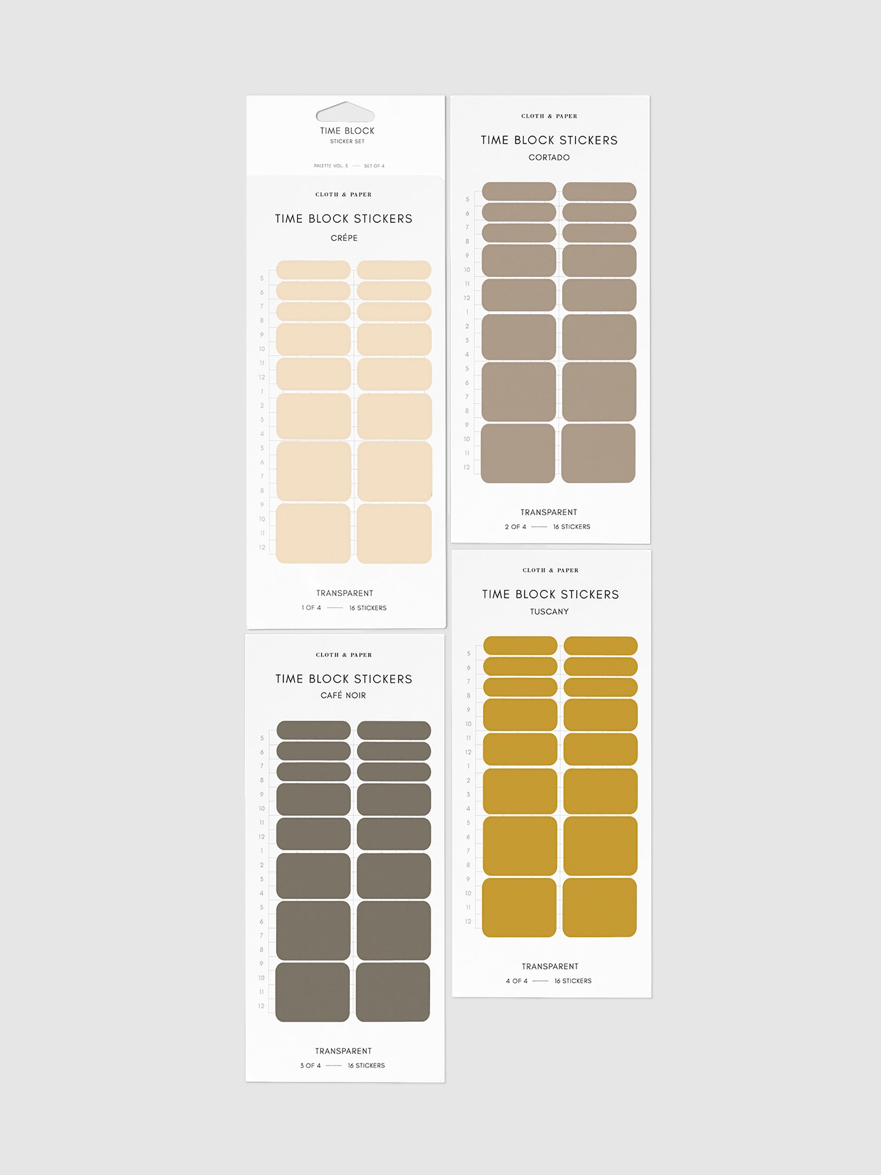Time Block Sticker Set, Vol 3. Four colors of time block stickers - a pale peach, light brown, dark brownish grey, and dark yellow - are arranged together on a neutral background.