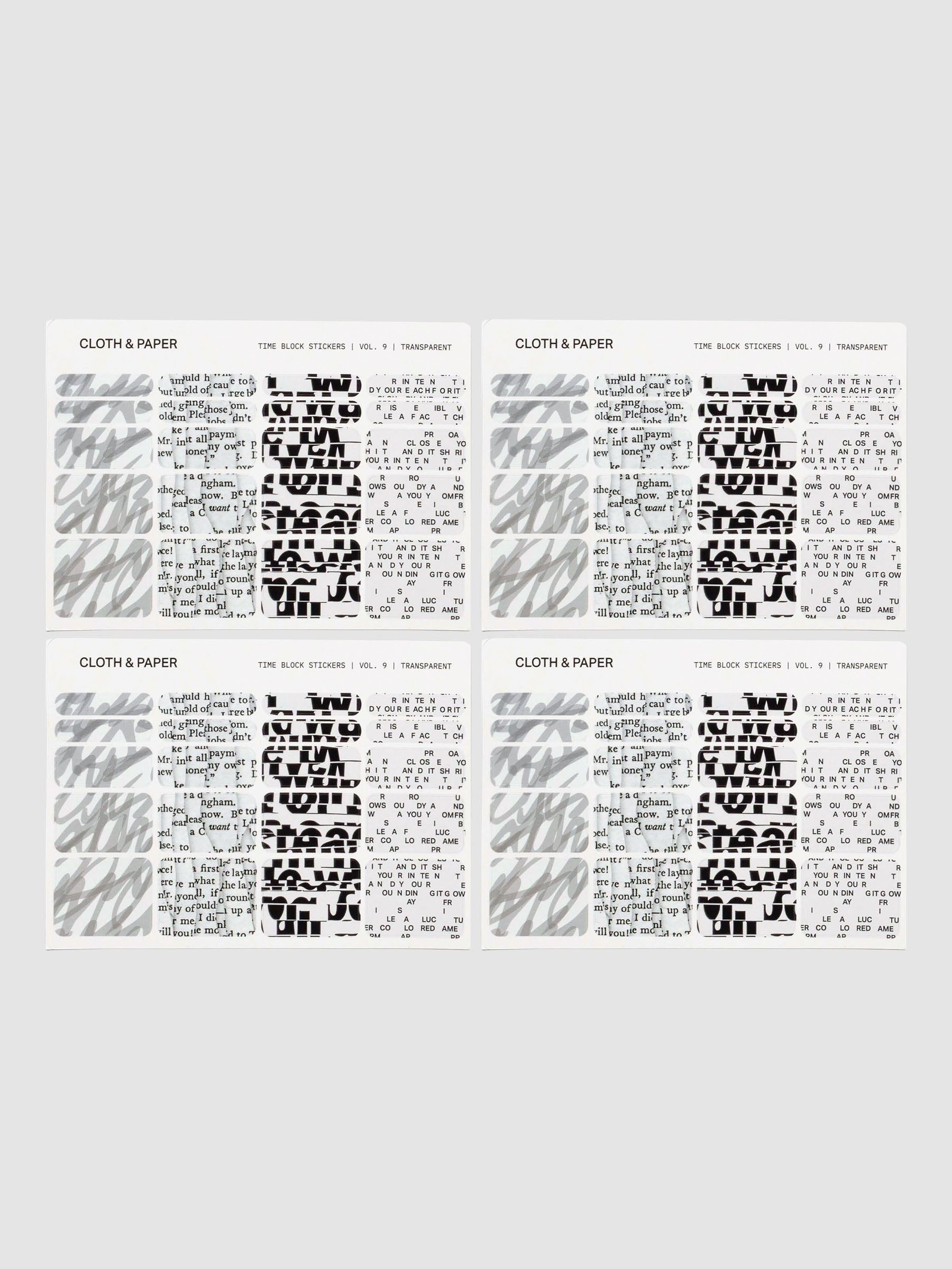 Set of four sheets of Cloth & Paper Time Block Stickers Vol. 9 in transparent. Each sheet includes rectangular stickers with abstract script, bold type, and printed text patterns.