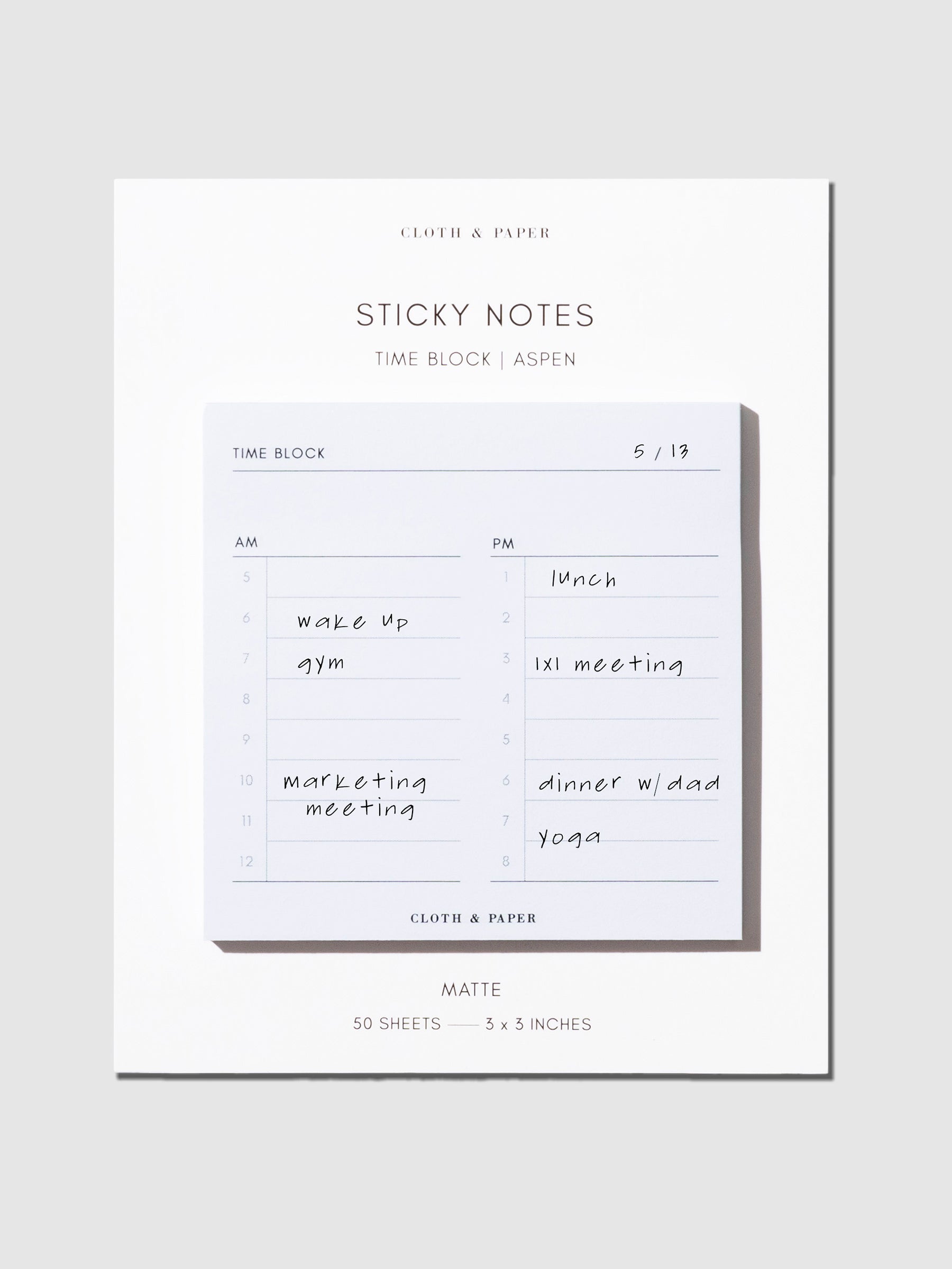 Sticky note displayed with its backing on a neutral background. It is filled out with sample tasks.