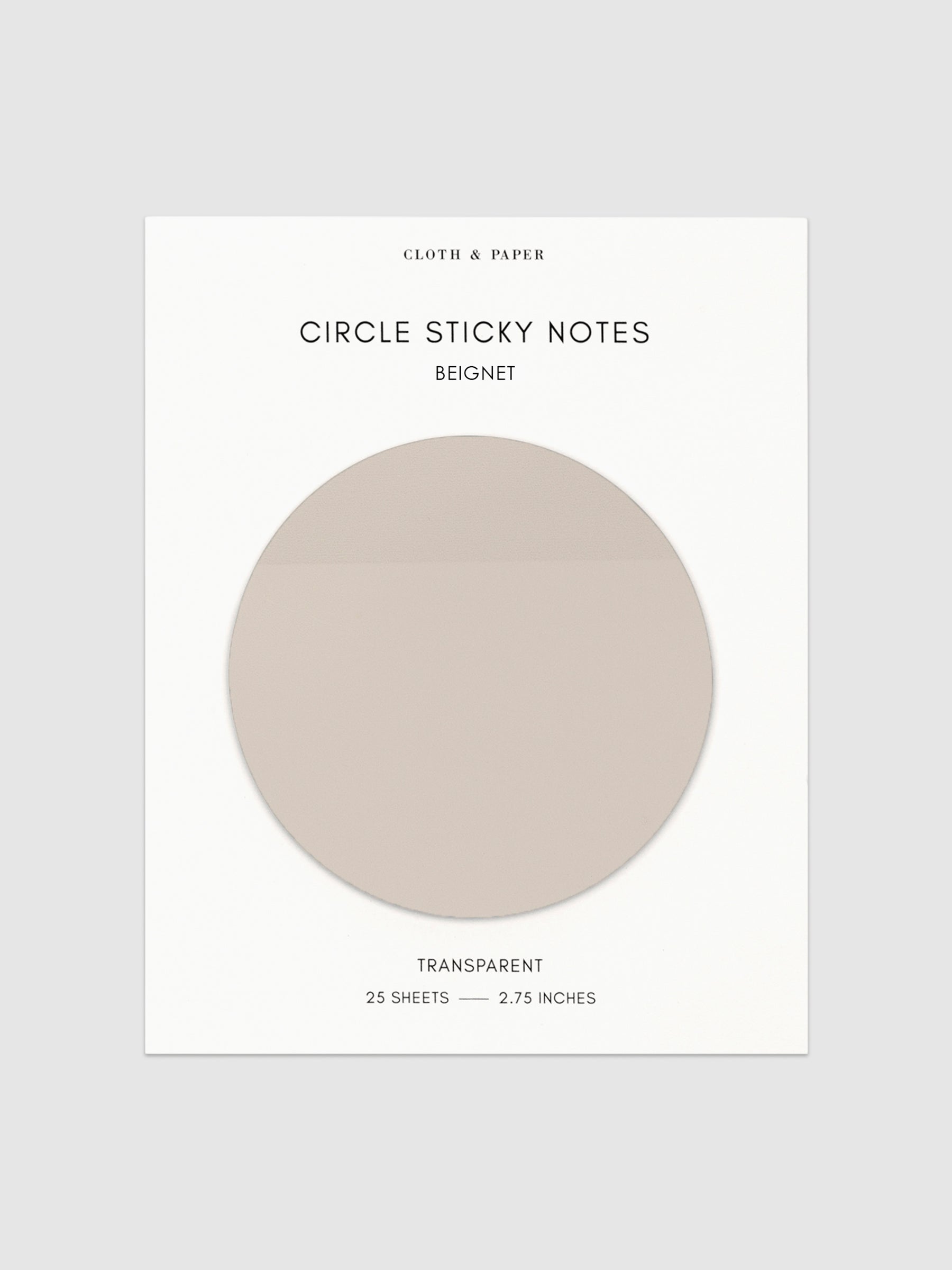 Transparent Circle Sticky Notes displayed on a neutral backround. Color shown is Beignet.