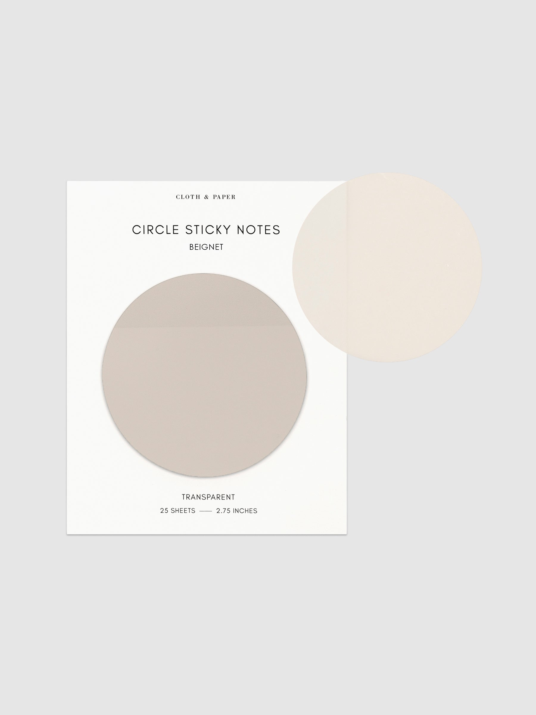 Transparent Circle Sticky Notes displayed on a neutral backround. Color shown is Beignet.