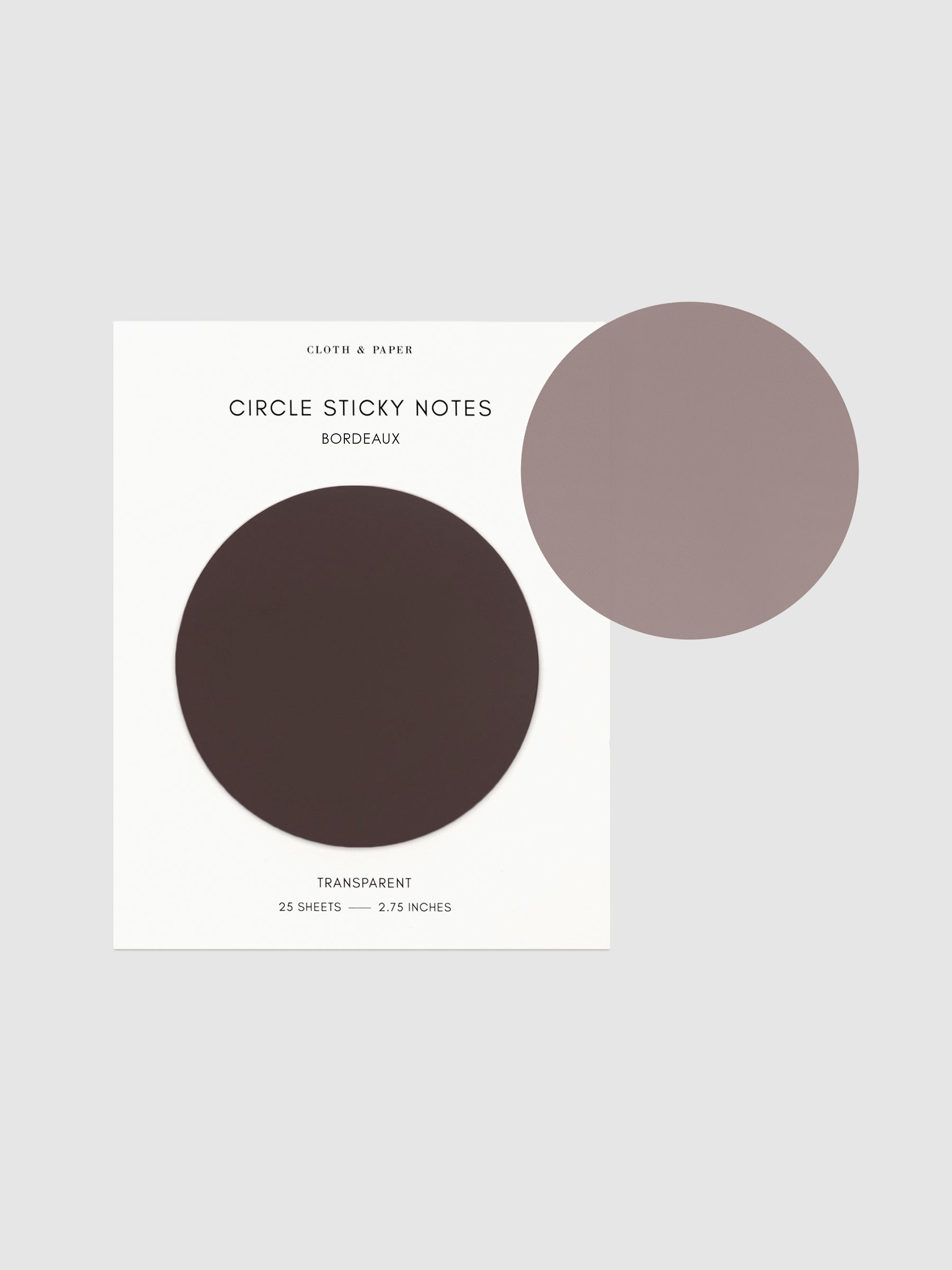 Transparent Circle Sticky Notes displayed on a neutral backround. Color shown is Bordeaux.