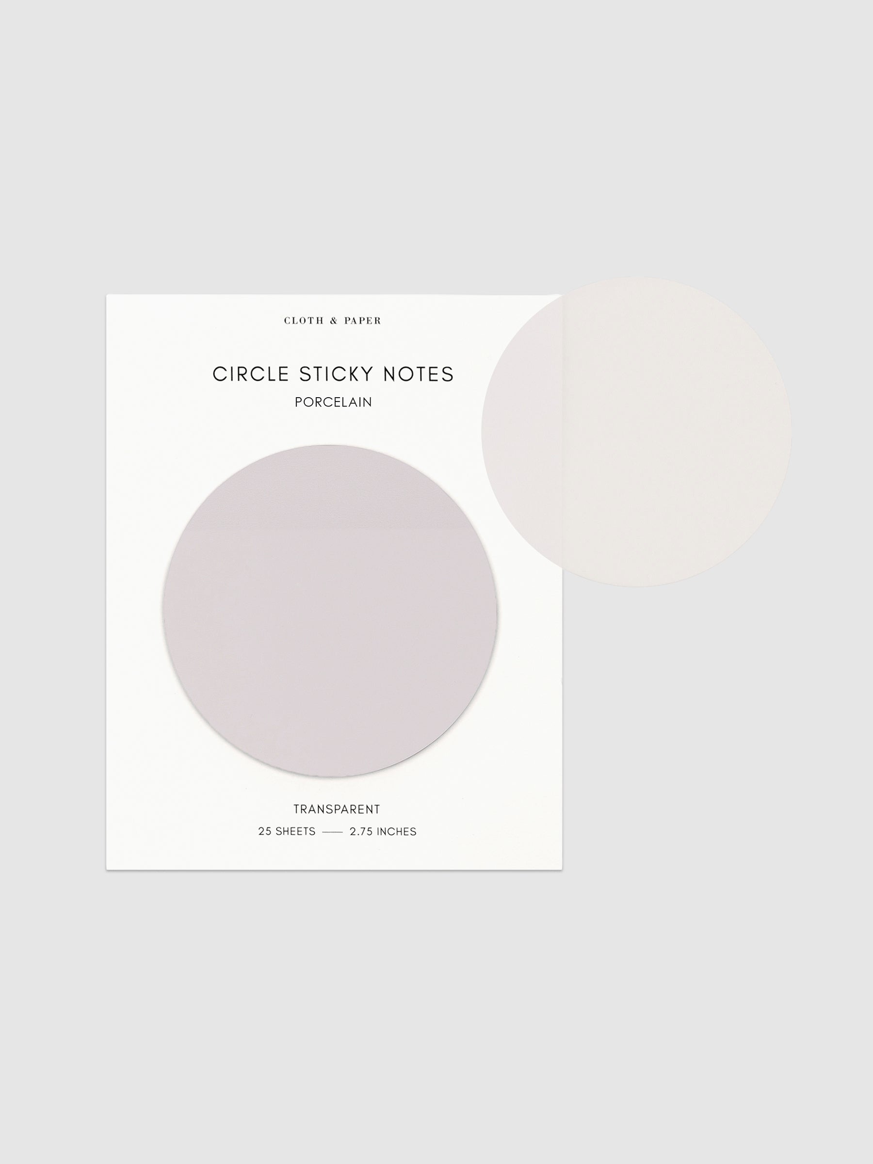 Transparent Circle Sticky Notes displayed on a neutral backround. Color shown is Porcelain.