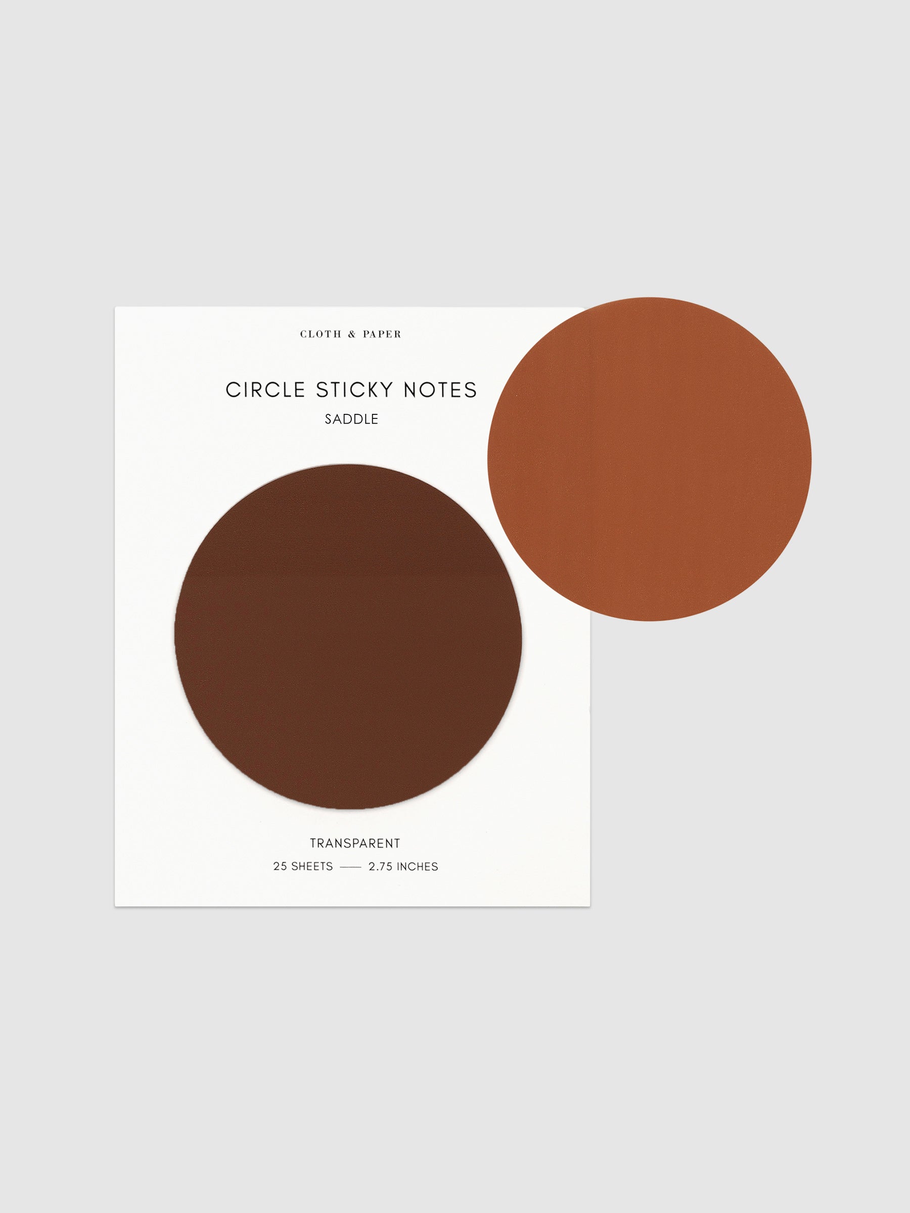 Transparent Circle Sticky Notes displayed on a neutral backround. Color shown is Saddle.