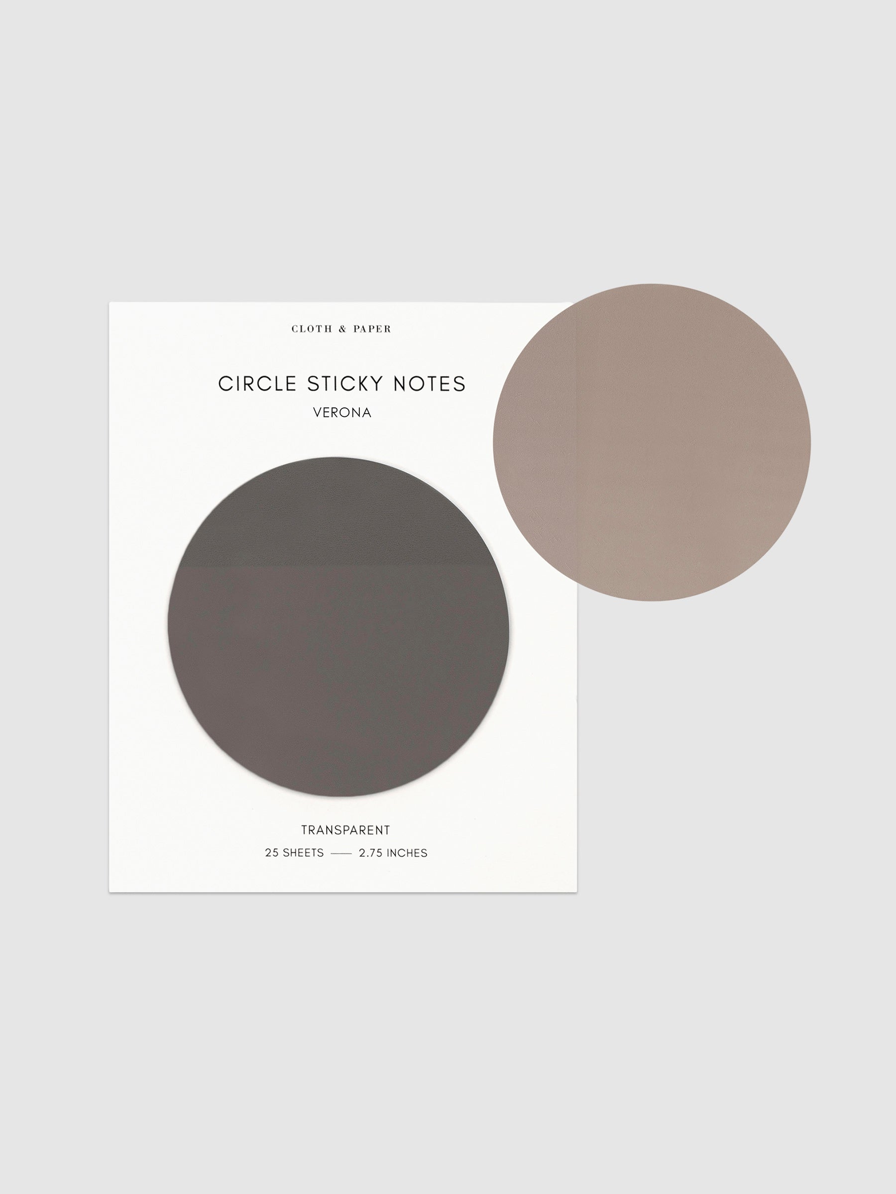 Transparent Circle Sticky Notes displayed on a neutral backround. Color shown is Verona.