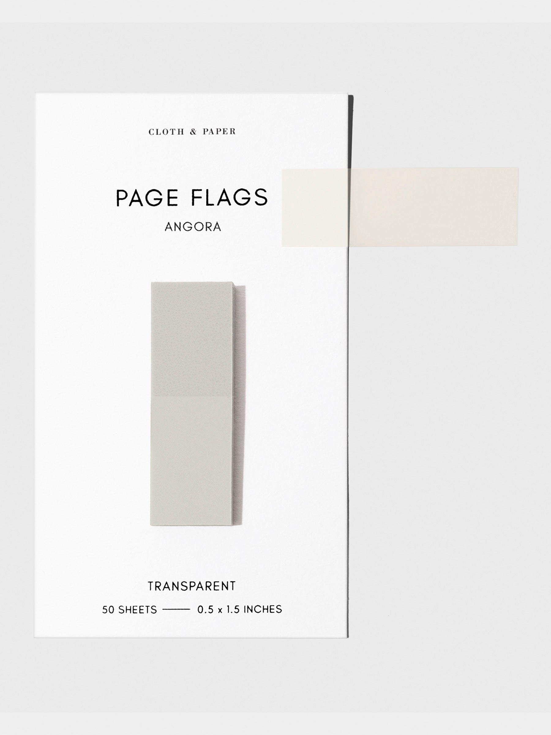 Page flags on their backing with one flag removed and attached to the backing to show its transparency. Color shown is Angora.