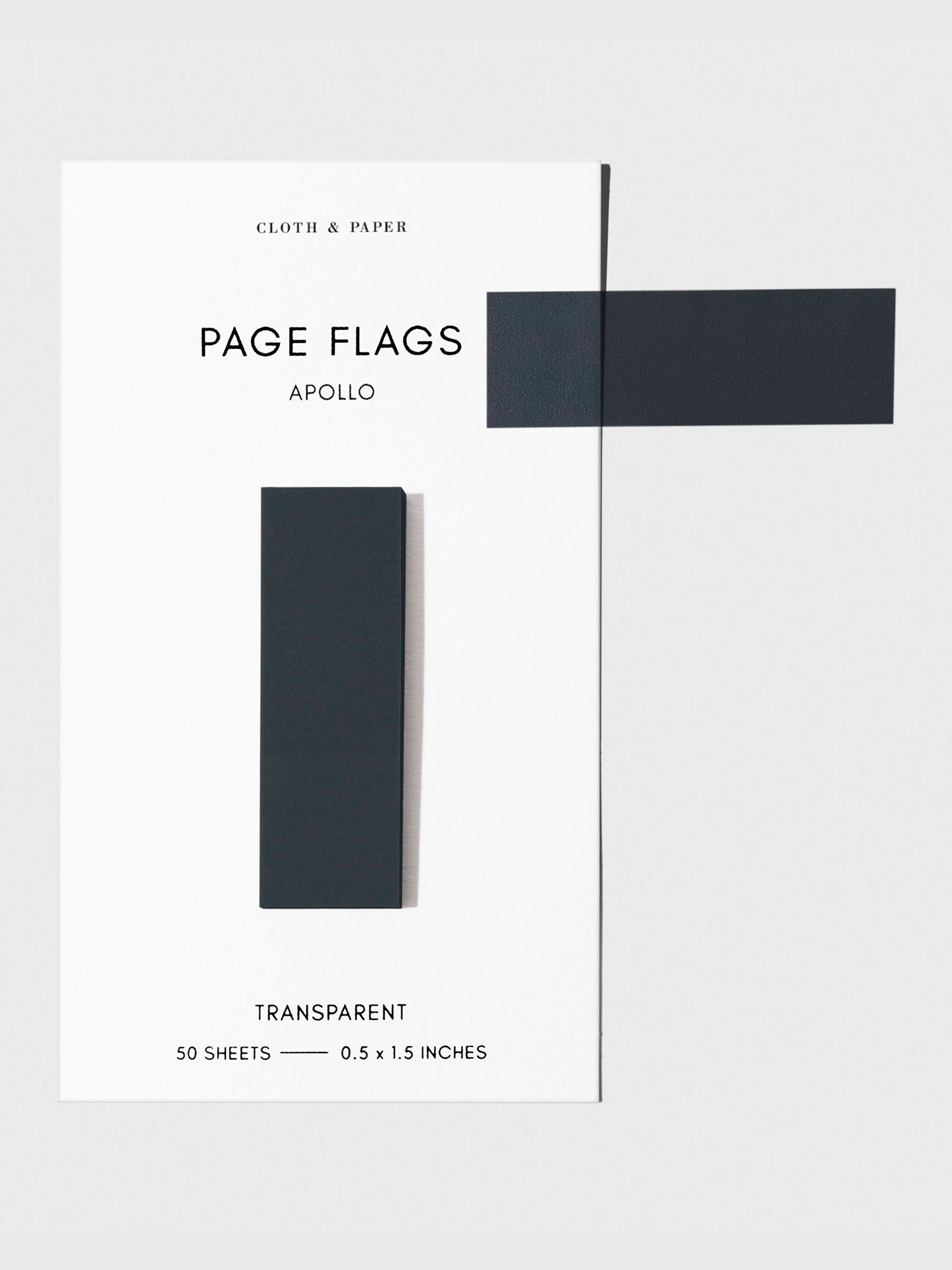 Page flags on their backing with one flag removed and attached to the backing to show its transparency. Color shown is Apollo.