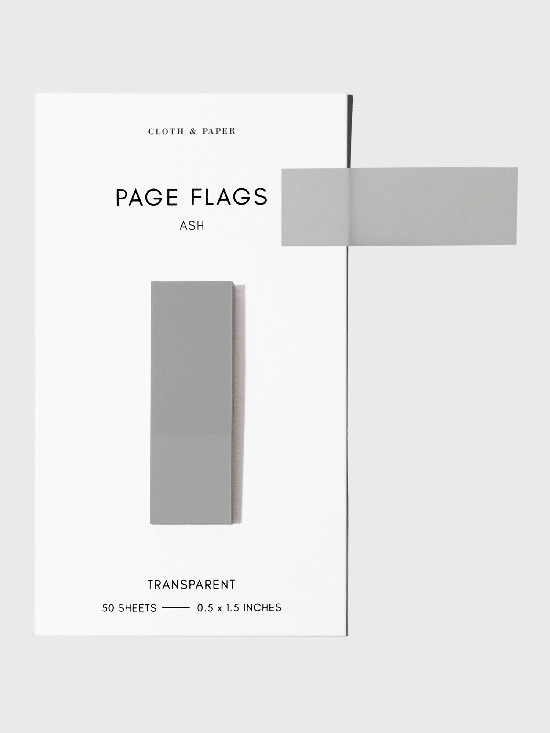 Page flags on their backing with one flag removed and attached to the backing to show its transparency. Color shown is Ash.