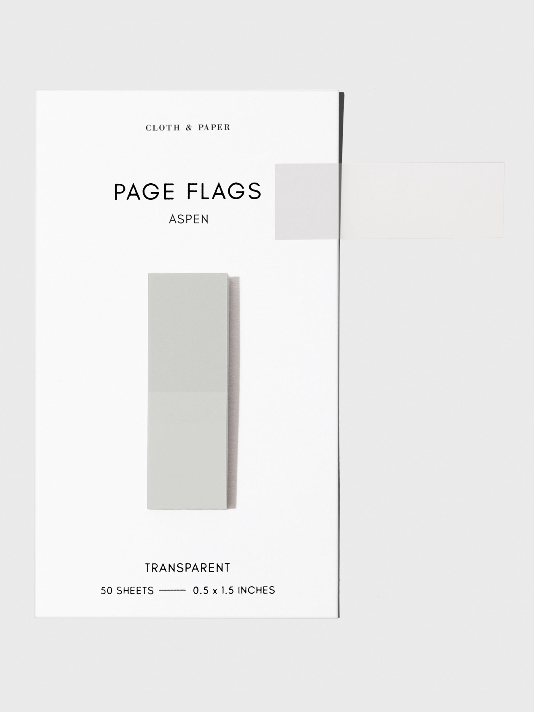 Page flags on their backing with one flag removed and attached to the backing to show its transparency. Color shown is Aspen.