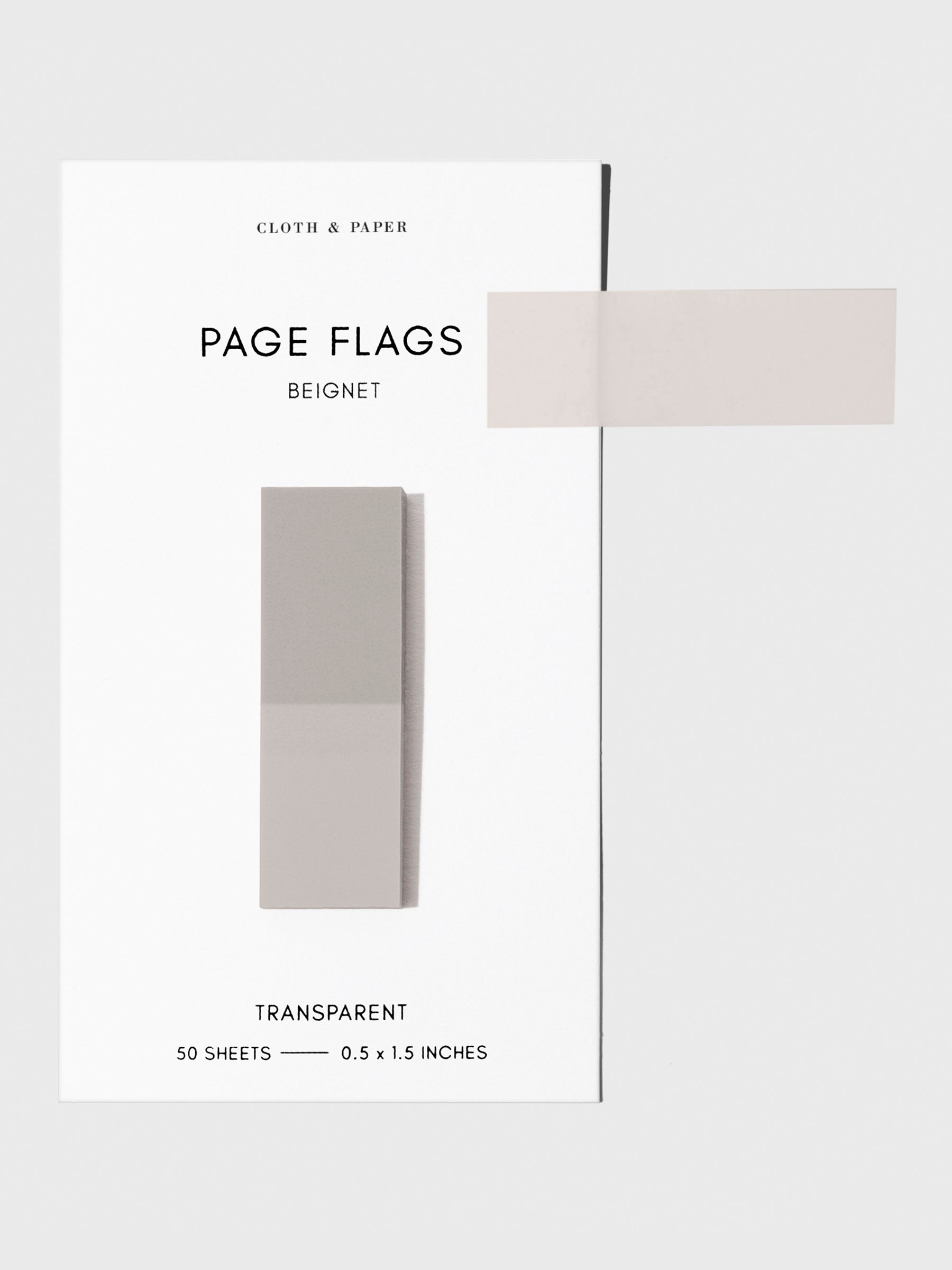 Page flags on their backing with one flag removed and attached to the backing to show its transparency. Color shown is Beignet.