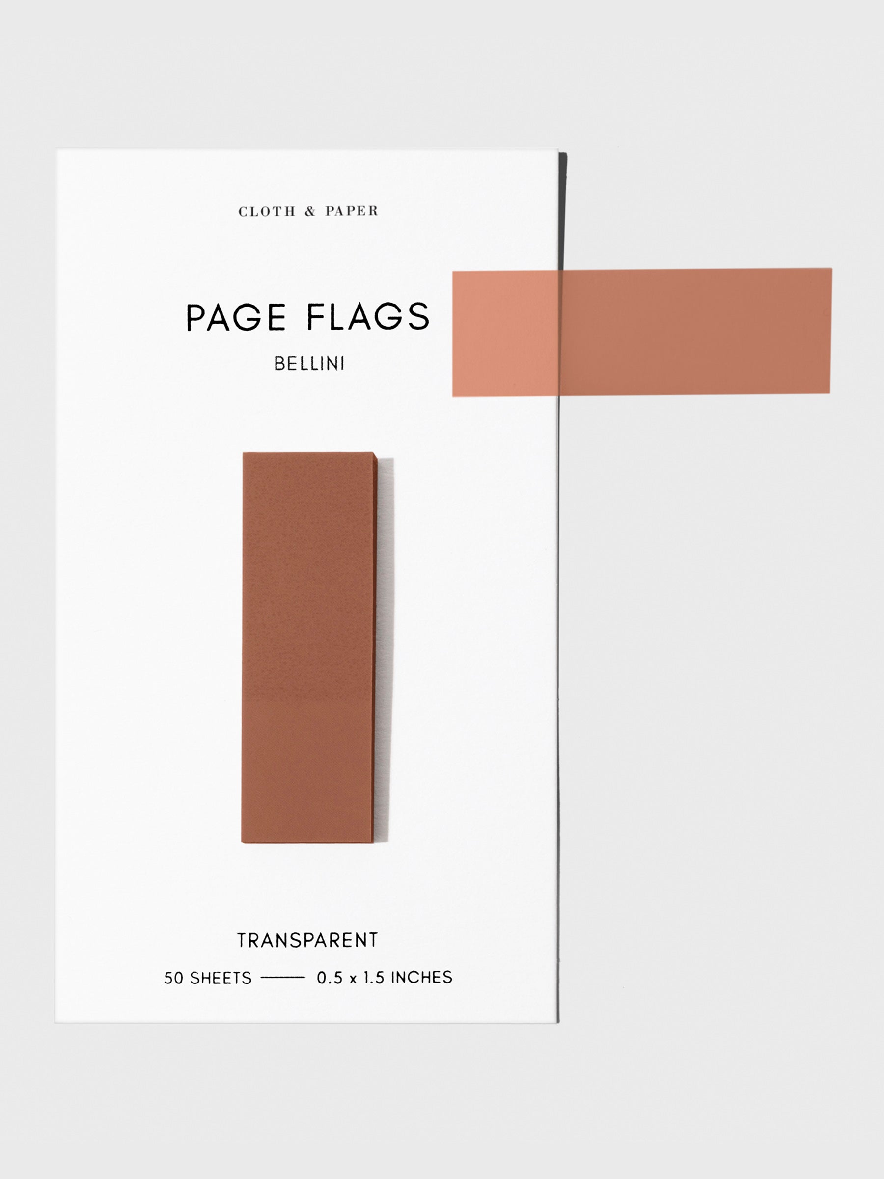 Page flags on their backing with one flag removed and attached to the backing to show its transparency. Color shown is Bellini.