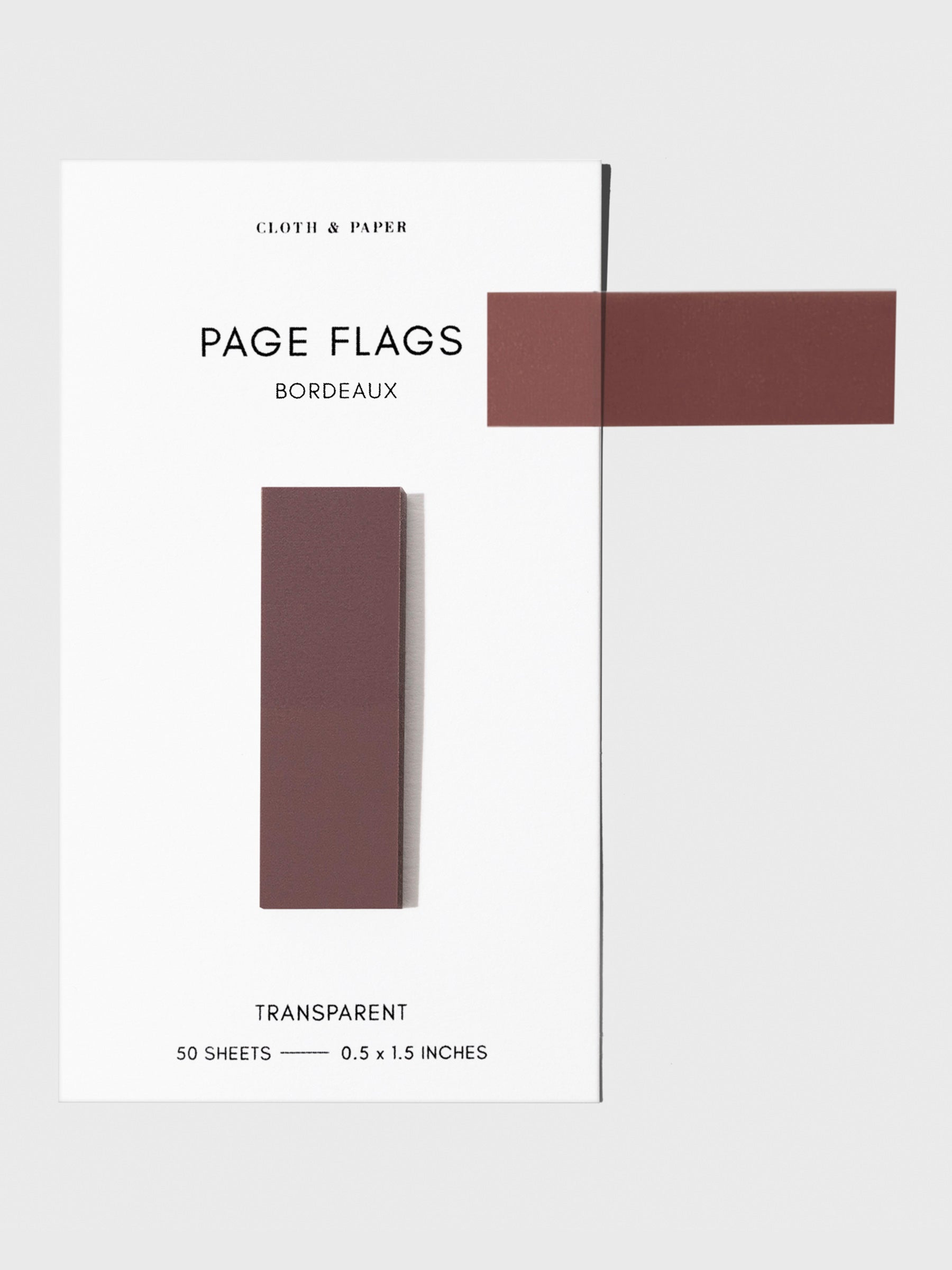 Page flags on their backing with one flag removed and attached to the backing to show its transparency. Color shown is Bordeaux.