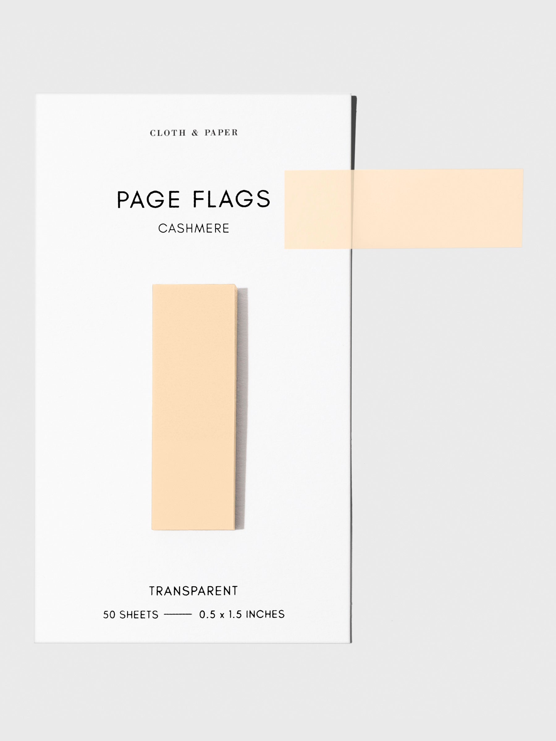 Page flags on their backing with one flag removed and attached to the backing to show its transparency. Color shown is Cashmere.