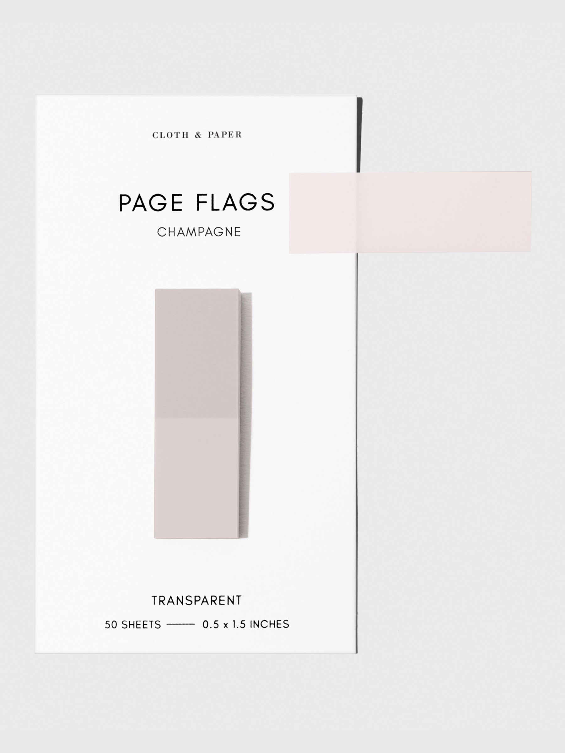 Page flags on their backing with one flag removed and attached to the backing to show its transparency. Color shown is Champagne.