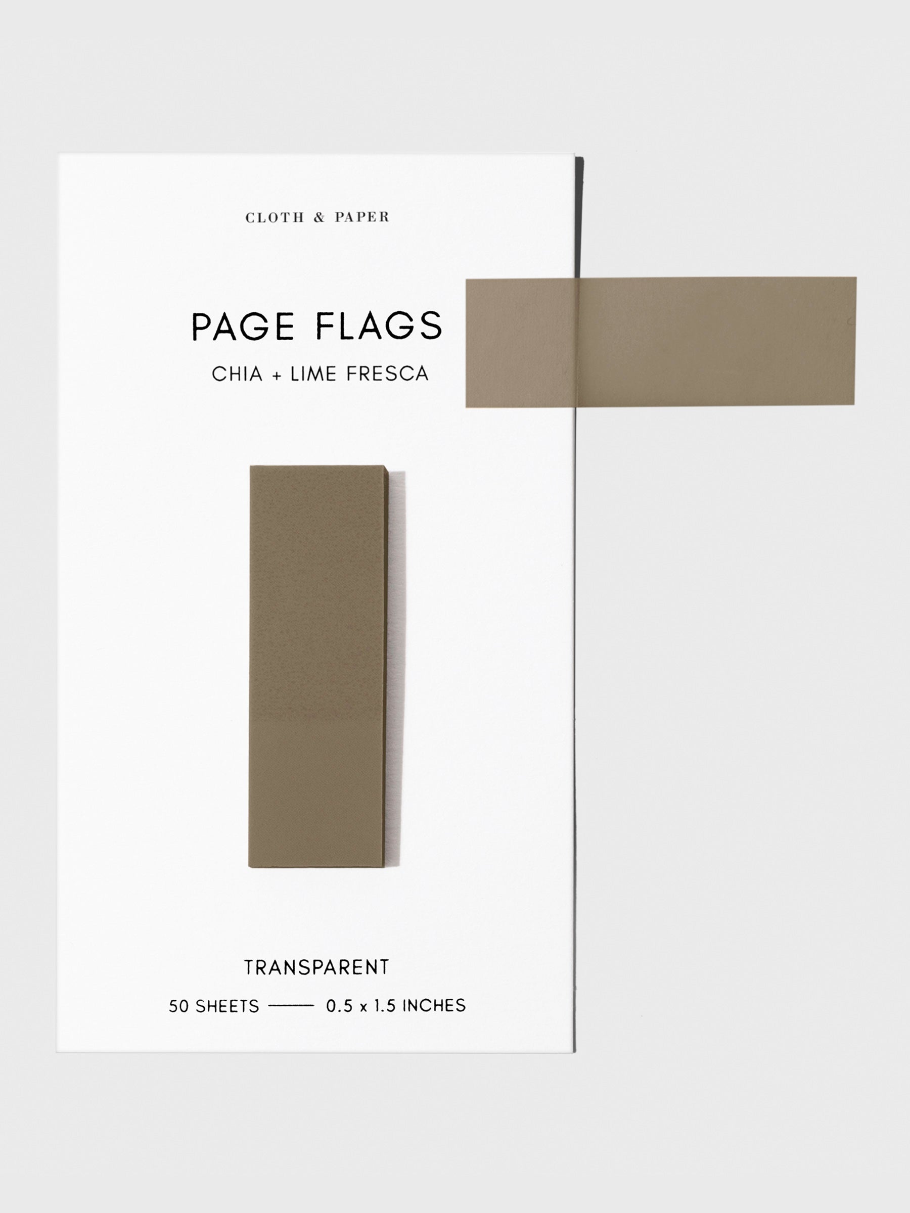 Page flags on their backing with one flag removed and attached to the backing to show its transparency. Color shown is Chia Lime Fresca.