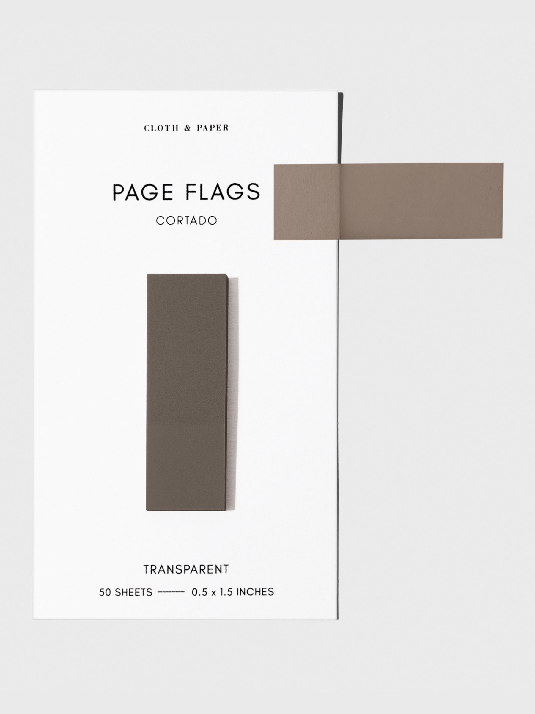 Page flags on their backing with one flag removed and attached to the backing to show its transparency. Color shown is Cortado.
