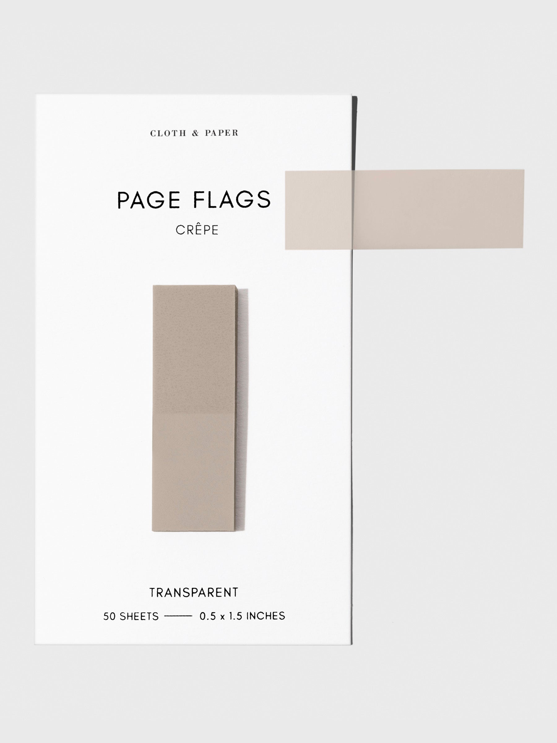 Page flags on their backing with one flag removed and attached to the backing to show its transparency. Color shown is Crepe.