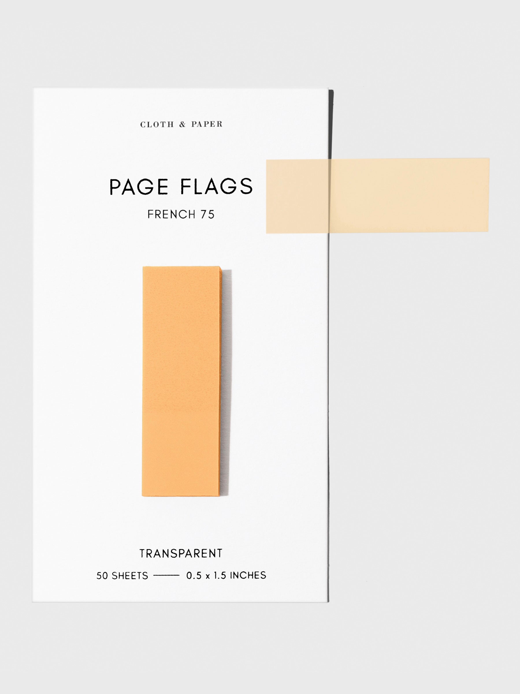 Page flags on their backing with one flag removed and attached to the backing to show its transparency. Color shown is French 75.
