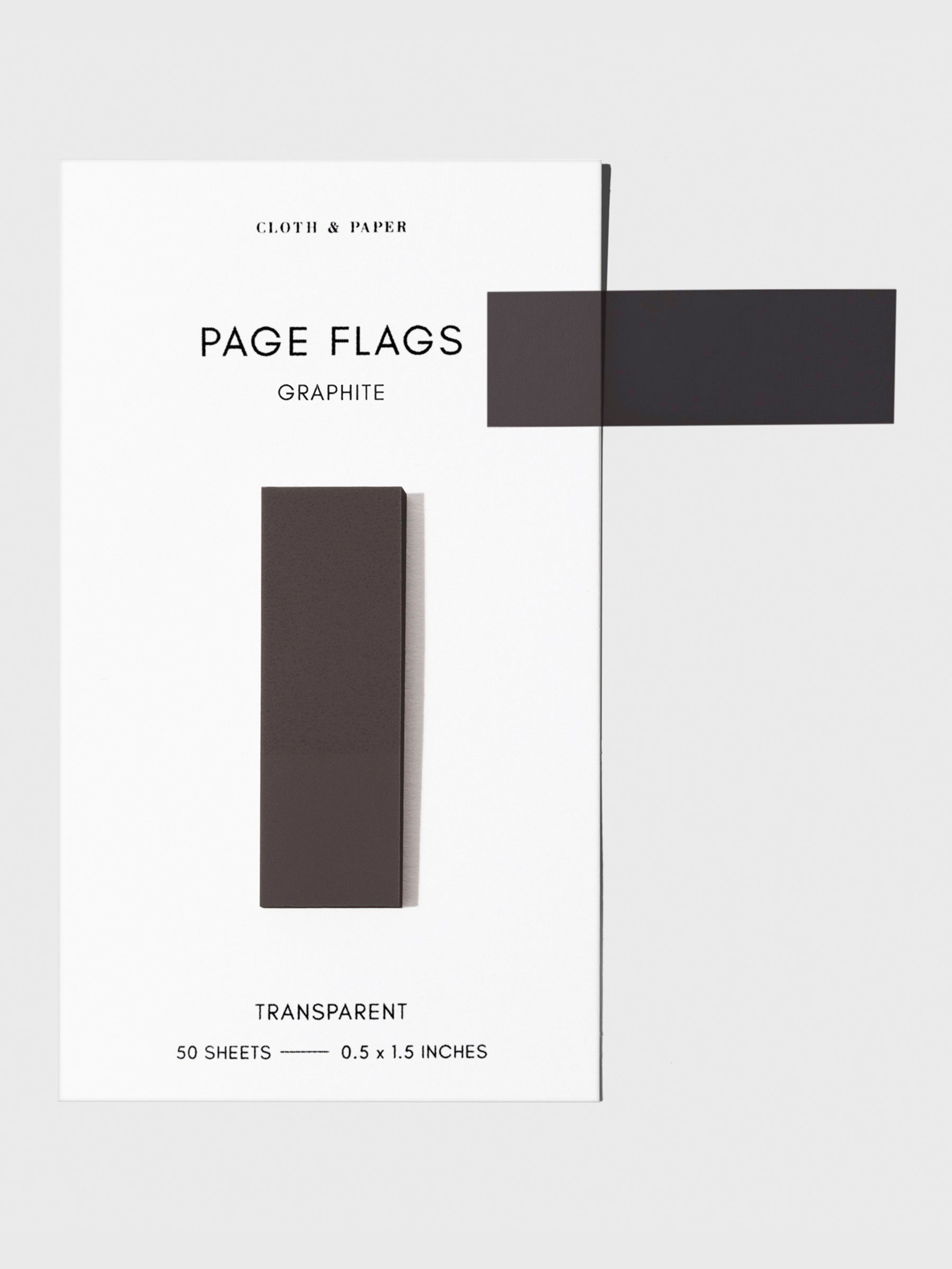 Page flags on their backing with one flag removed and attached to the backing to show its transparency. Color shown is Graphite.