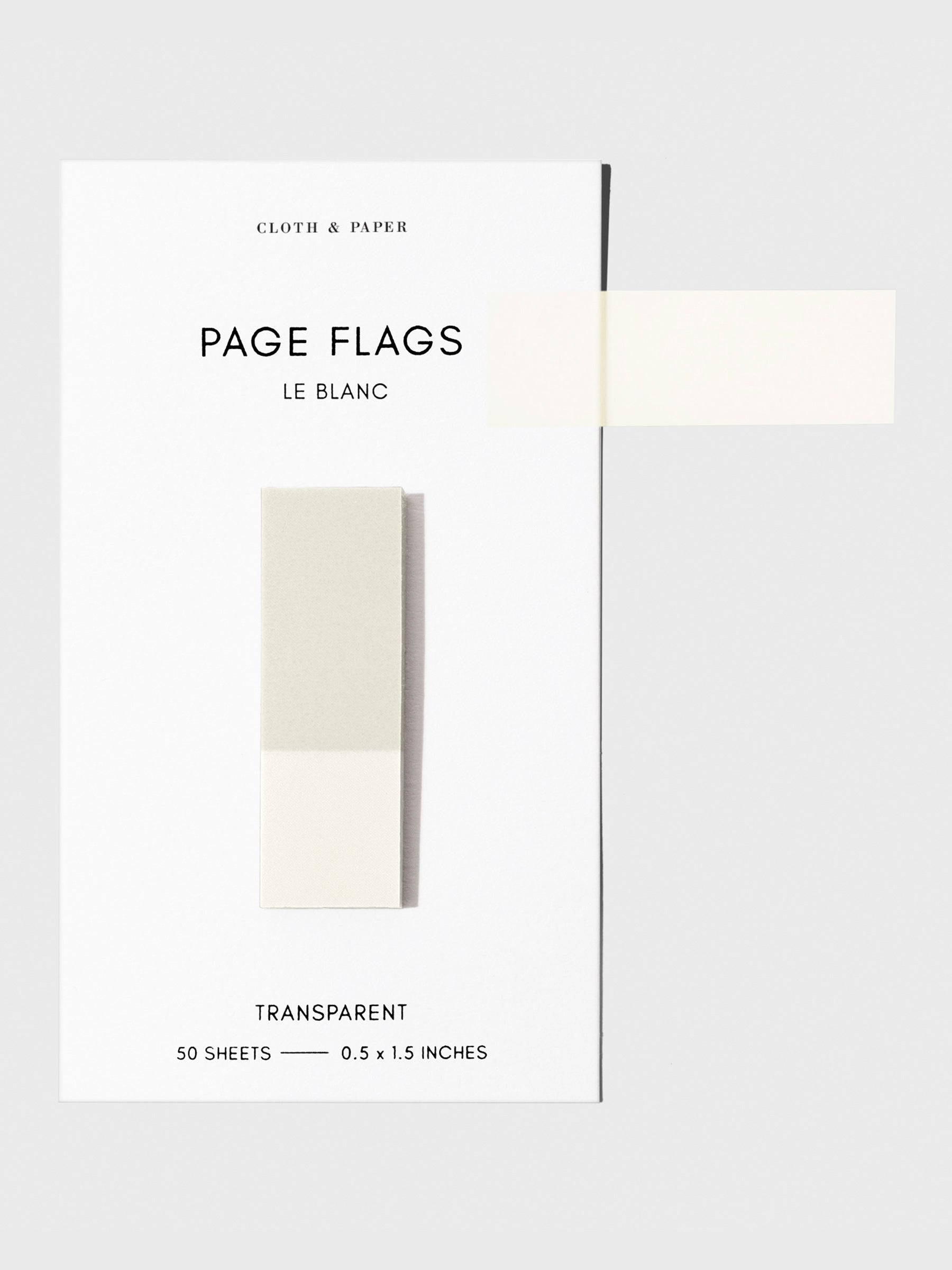 Page flags on their backing with one flag removed and attached to the backing to show its transparency. Color shown is Le Blanc.