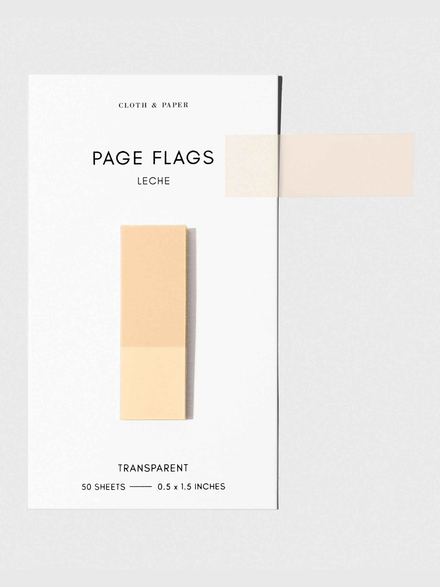 Page flags on their backing with one flag removed and attached to the backing to show its transparency. Color shown is Leche.