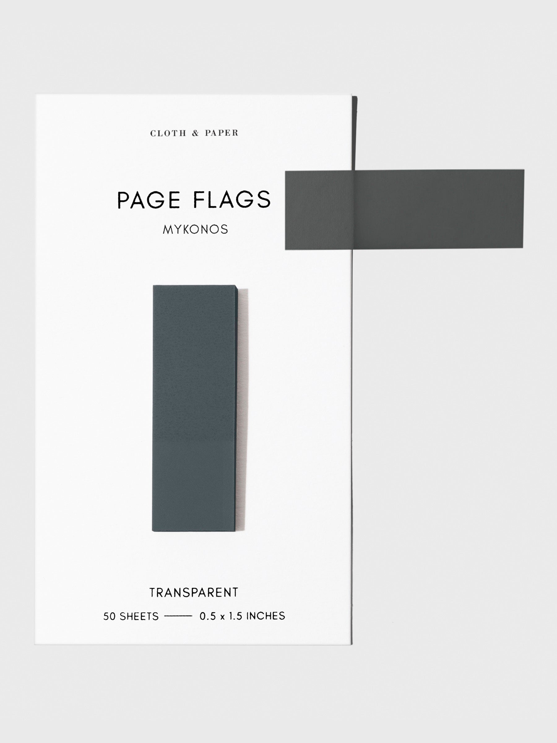 Page flags on their backing with one flag removed and attached to the backing to show its transparency. Color shown is Mykonos.