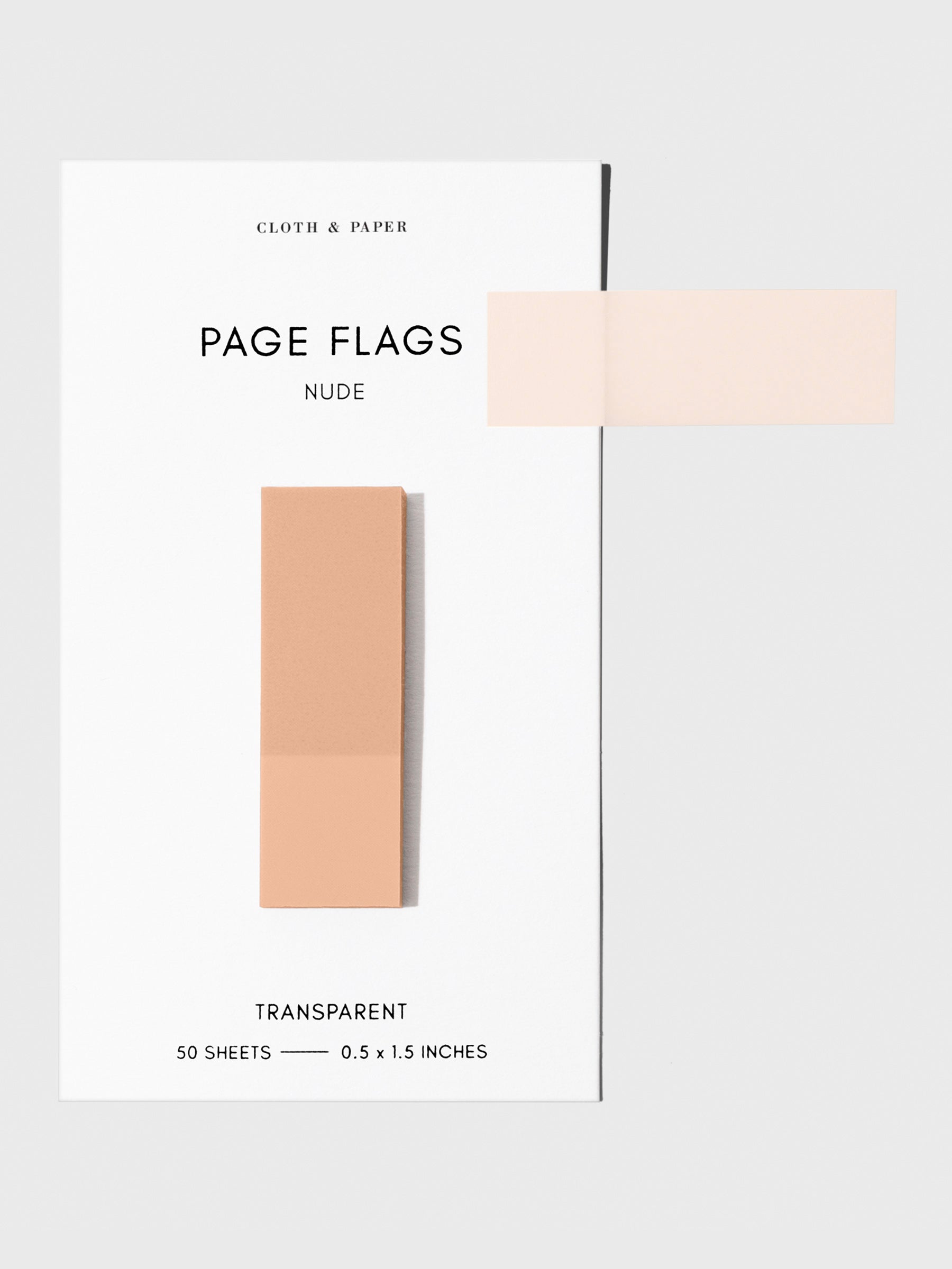 Page flags on their backing with one flag removed and attached to the backing to show its transparency. Color shown is Nude.