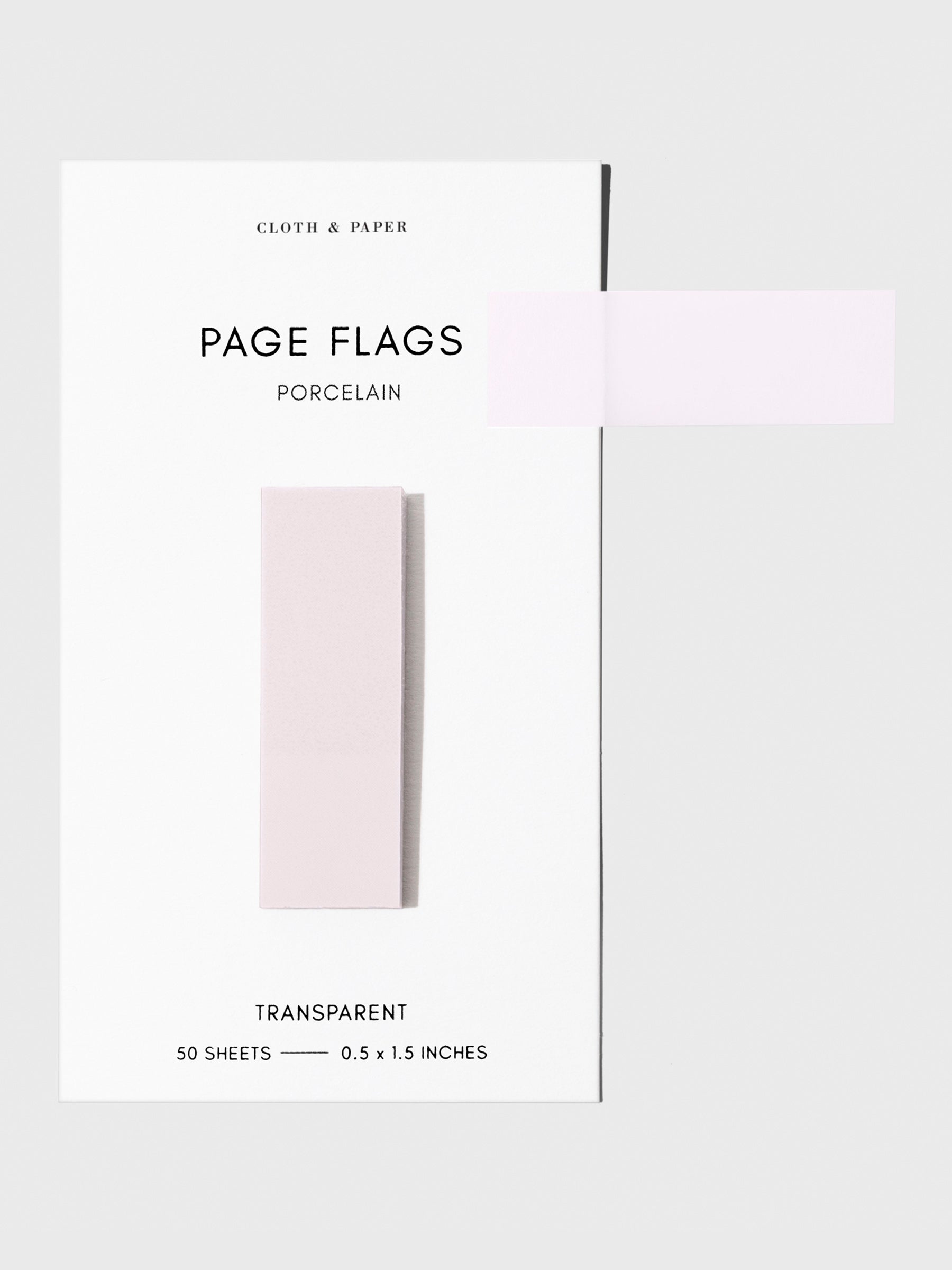 Page flags on their backing with one flag removed and attached to the backing to show its transparency. Color shown is Porcelain.
