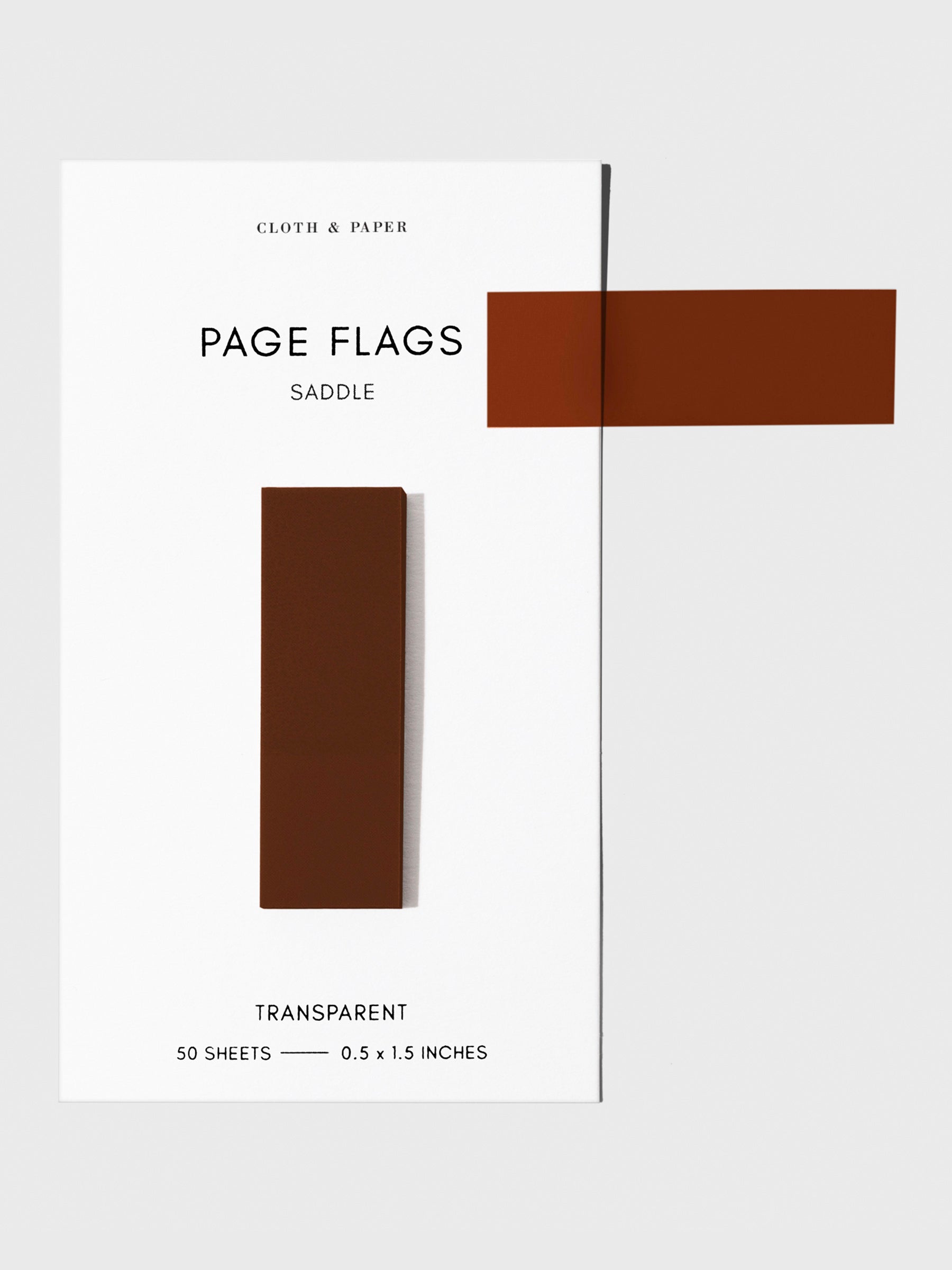 Page flags on their backing with one flag removed and attached to the backing to show its transparency. Color shown is Saddle.