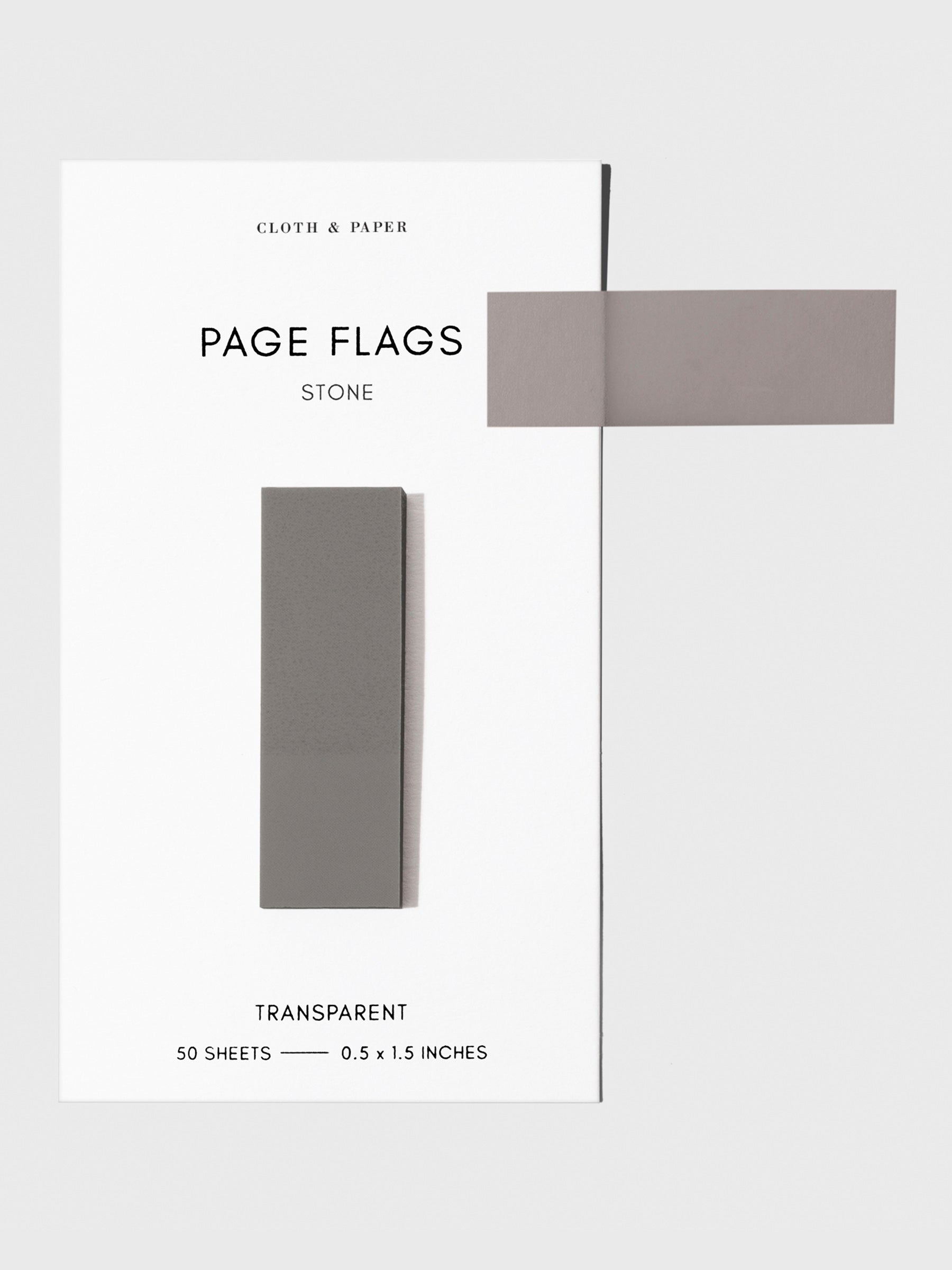 Page flags on their backing with one flag removed and attached to the backing to show its transparency. Color shown is Stone.
