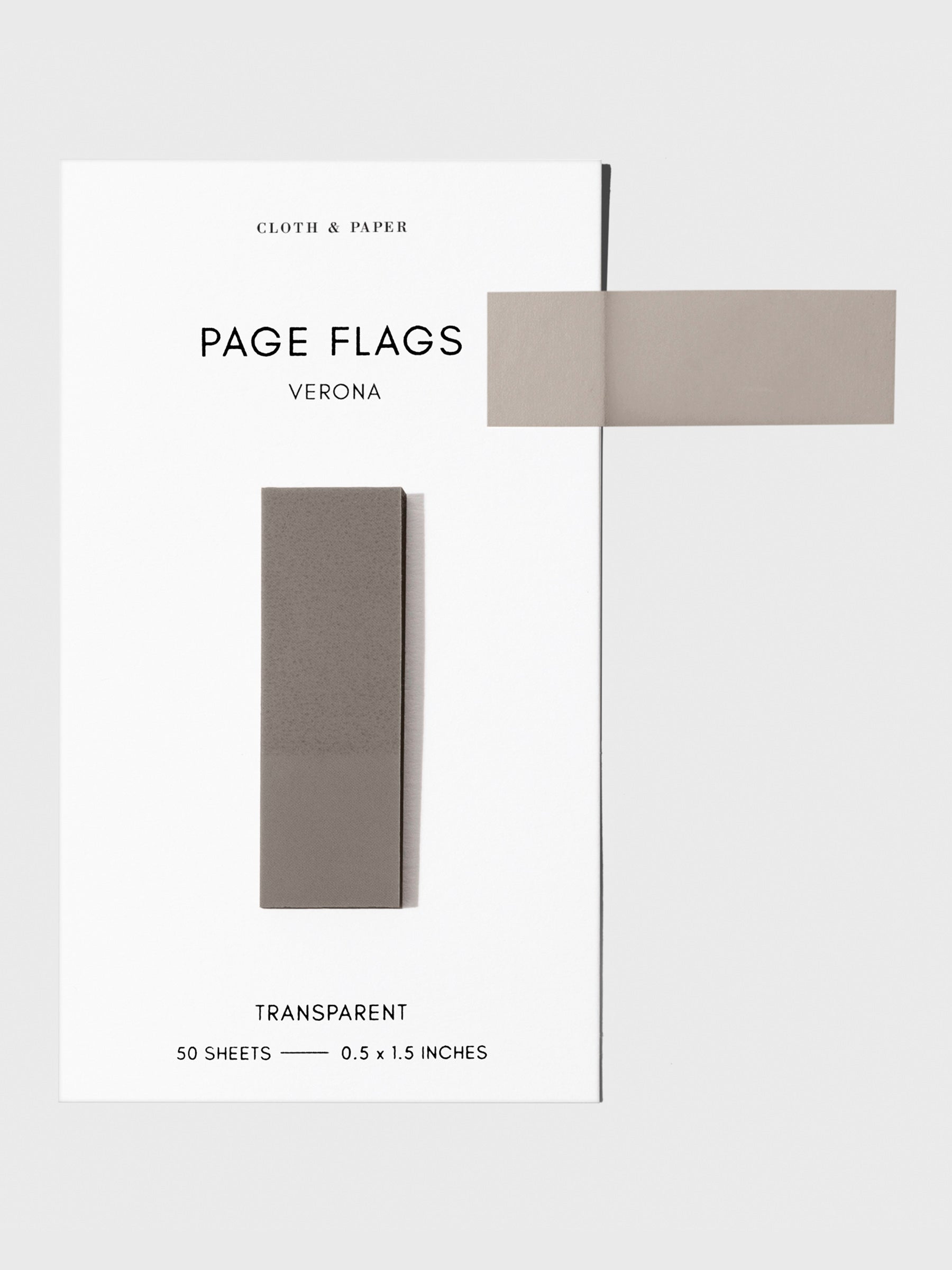 Page flags on their backing with one flag removed and attached to the backing to show its transparency. Color shown is Verona.