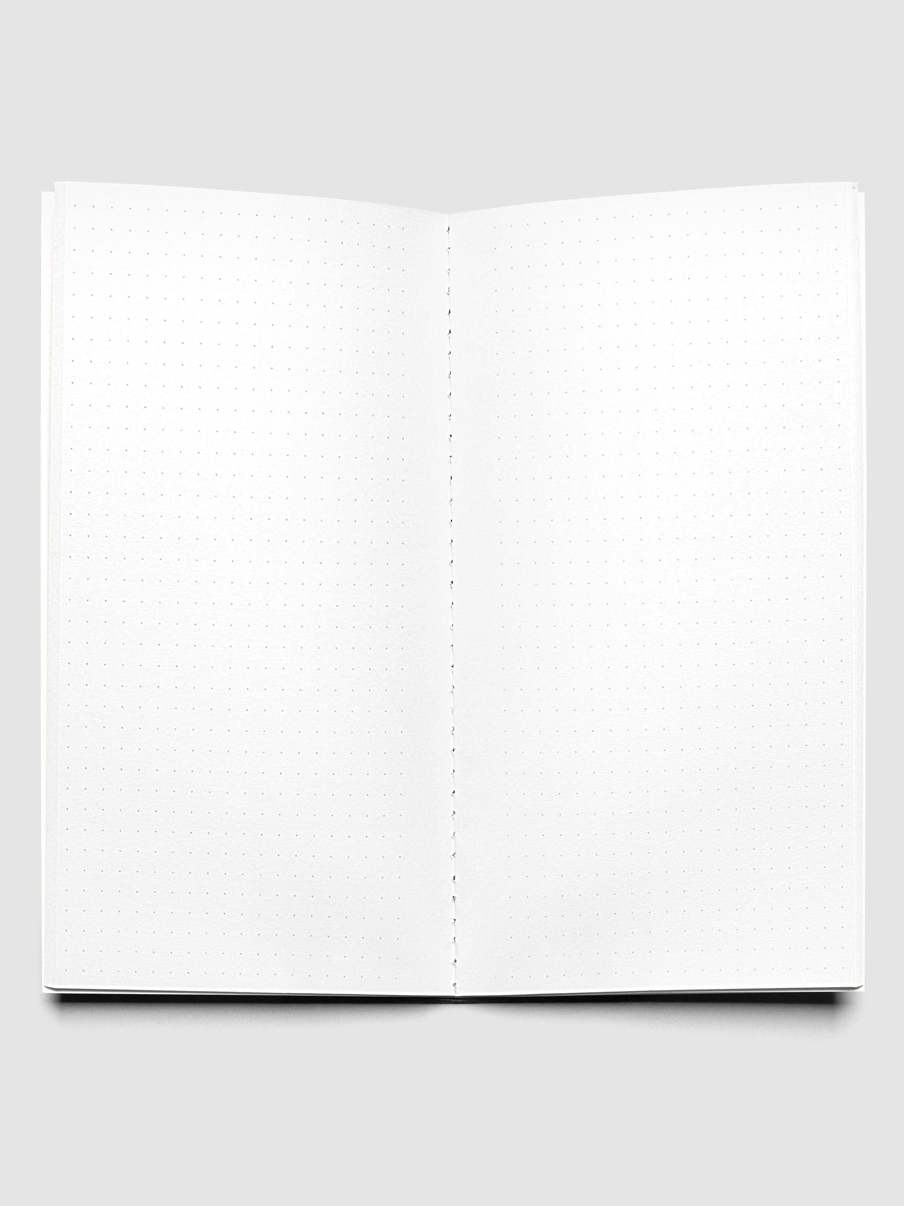 Travel Notebook | A5 Slim | Avant Garde | Dot Grid notebook shown open displaying dot grid layout on both pages.
