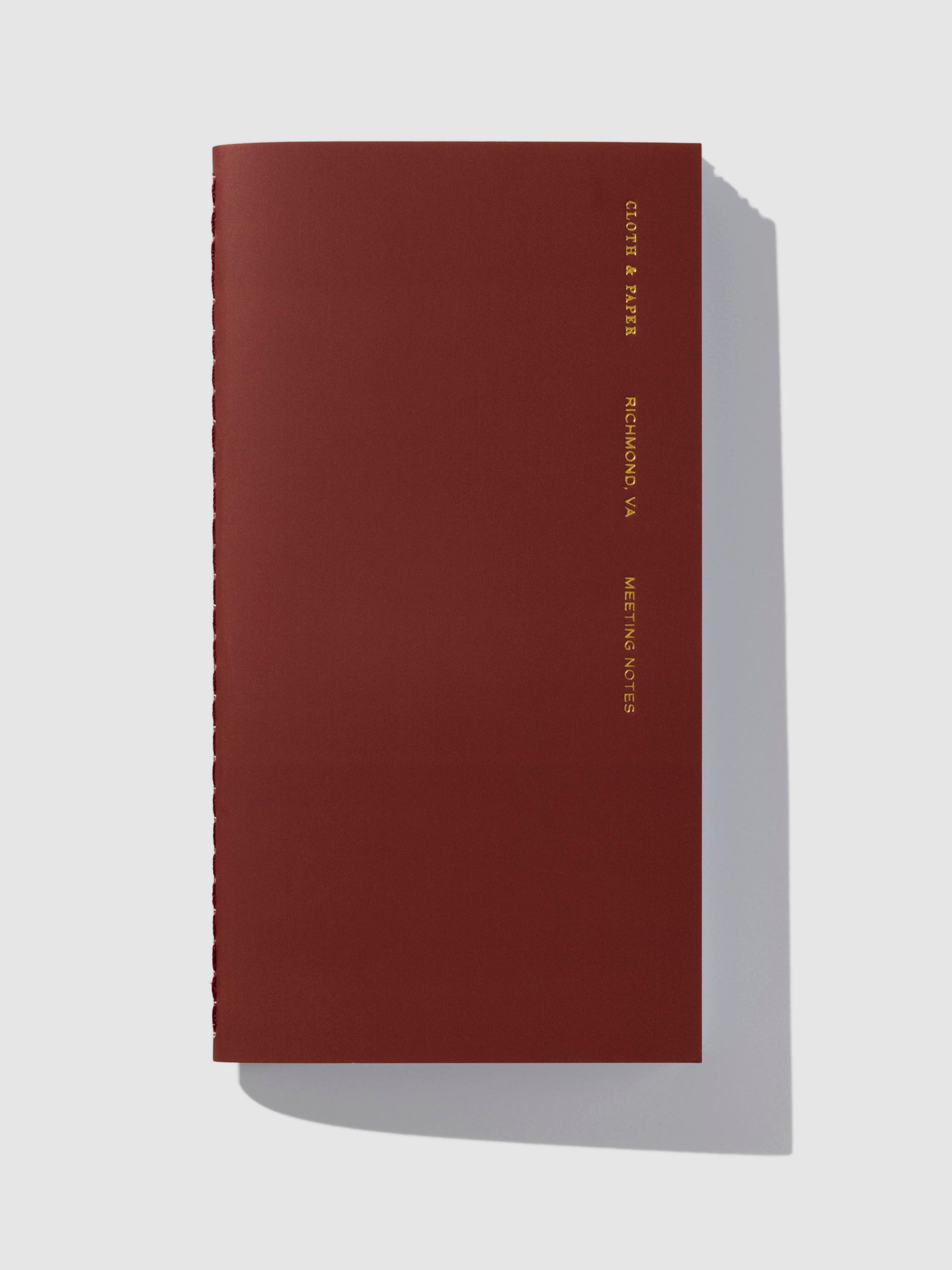 Overview image of the Meeting Notes Pocket Plus notebook from the Traveler's Notebook Collection. The cover has gold foil text that reads Cloth and Paper Richmond, VA Monthly Admin and is displayed on a neutral background