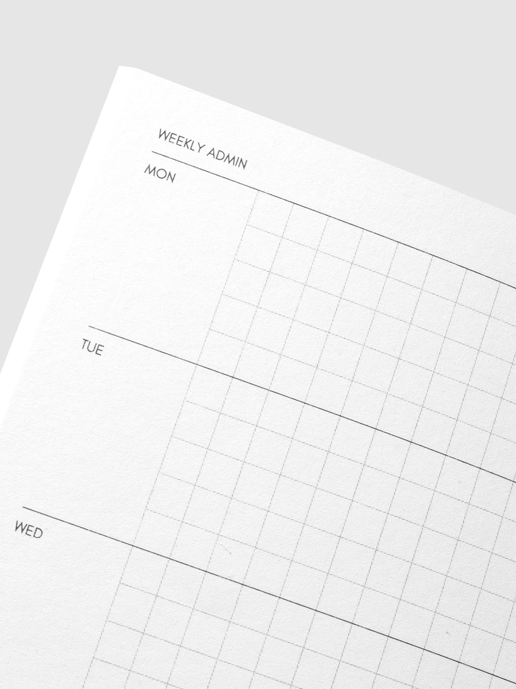Close up image of the top left of the Weekly Admin Pocket Plus notebook page. The page is displayed on a neutral background.
