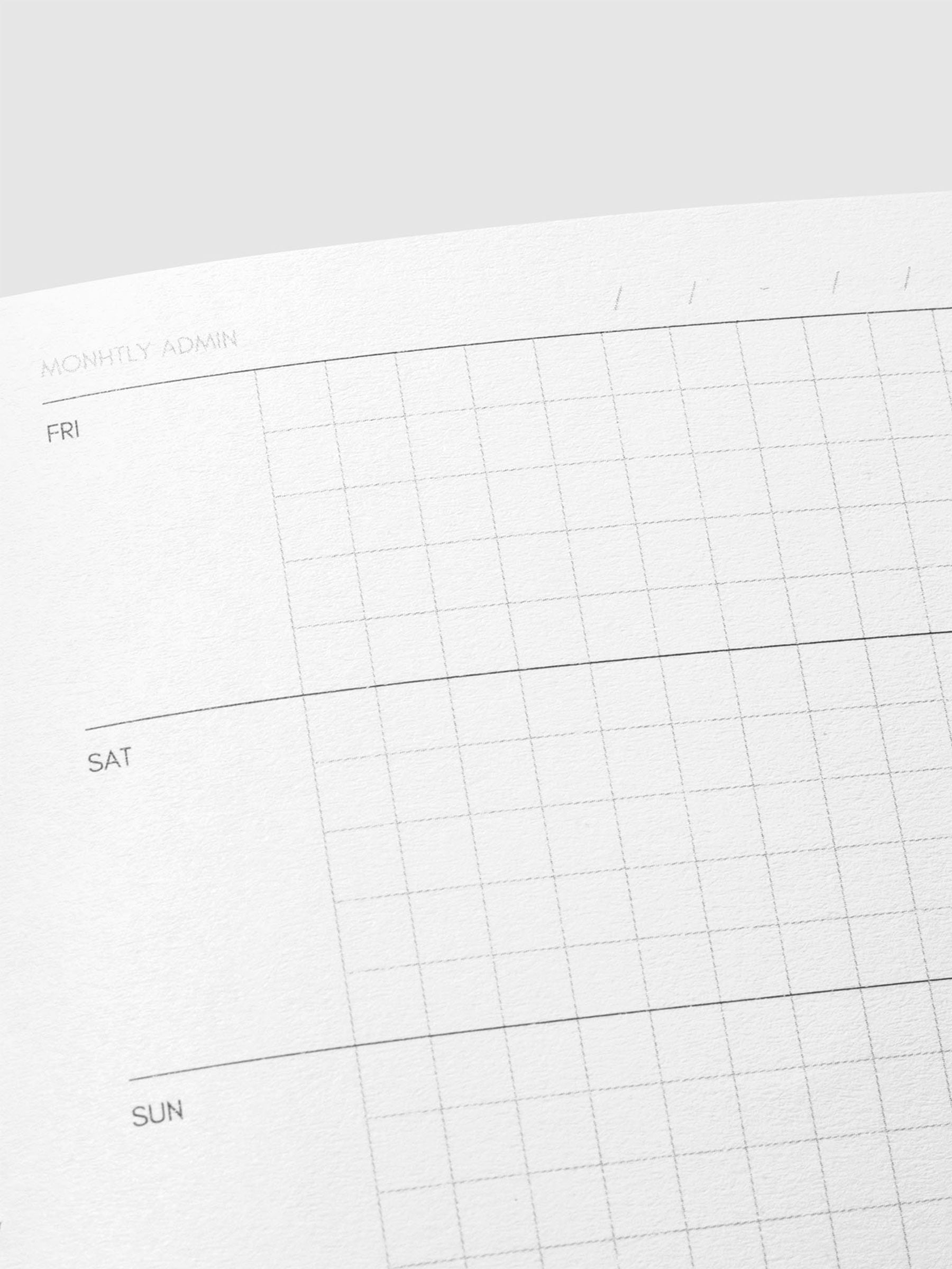 Close up image of the top right of the Weekly Admin Pocket Plus notebook page. The page is displayed on a neutral background.