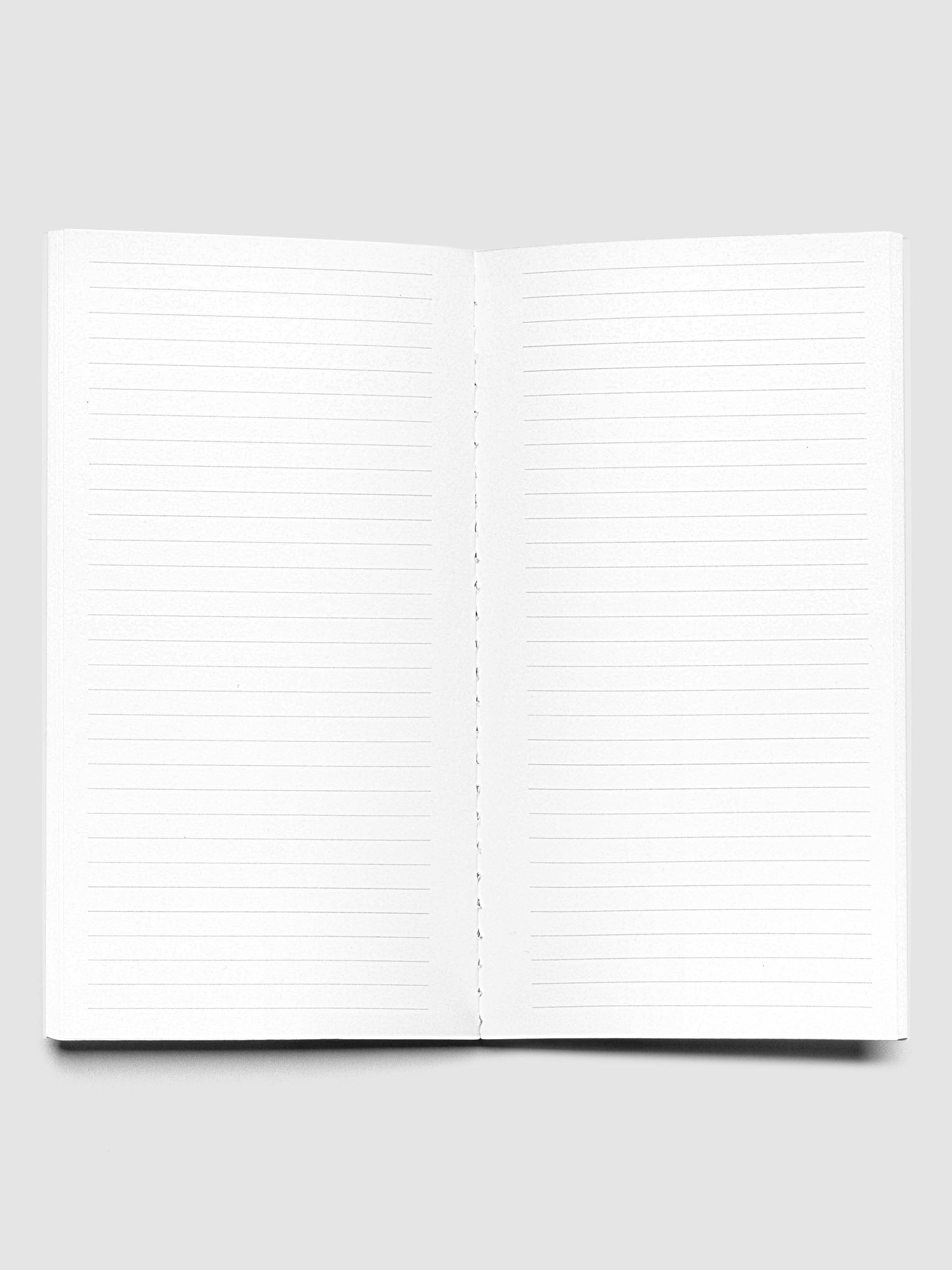 Travel Notebook in size Pocket Plus in the color Ash (grey) containing lined notes layouts shown open displaying both pages with lined notes layouts.