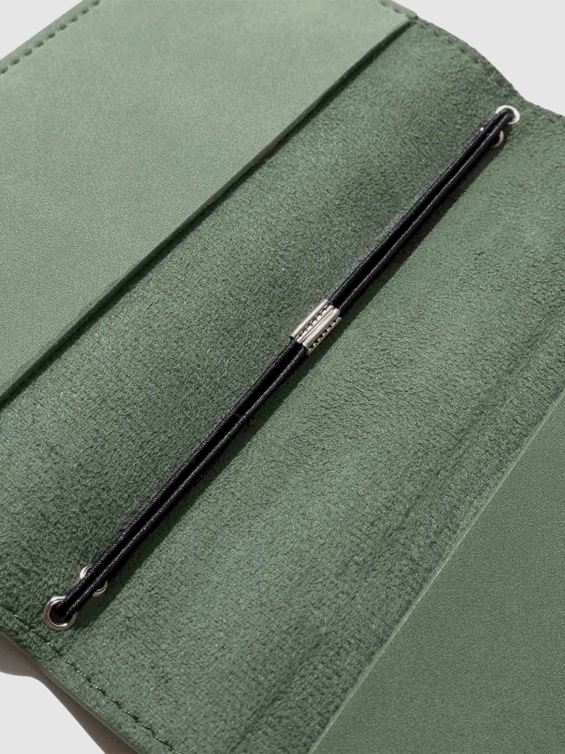 Closeup of leather interior on cover.