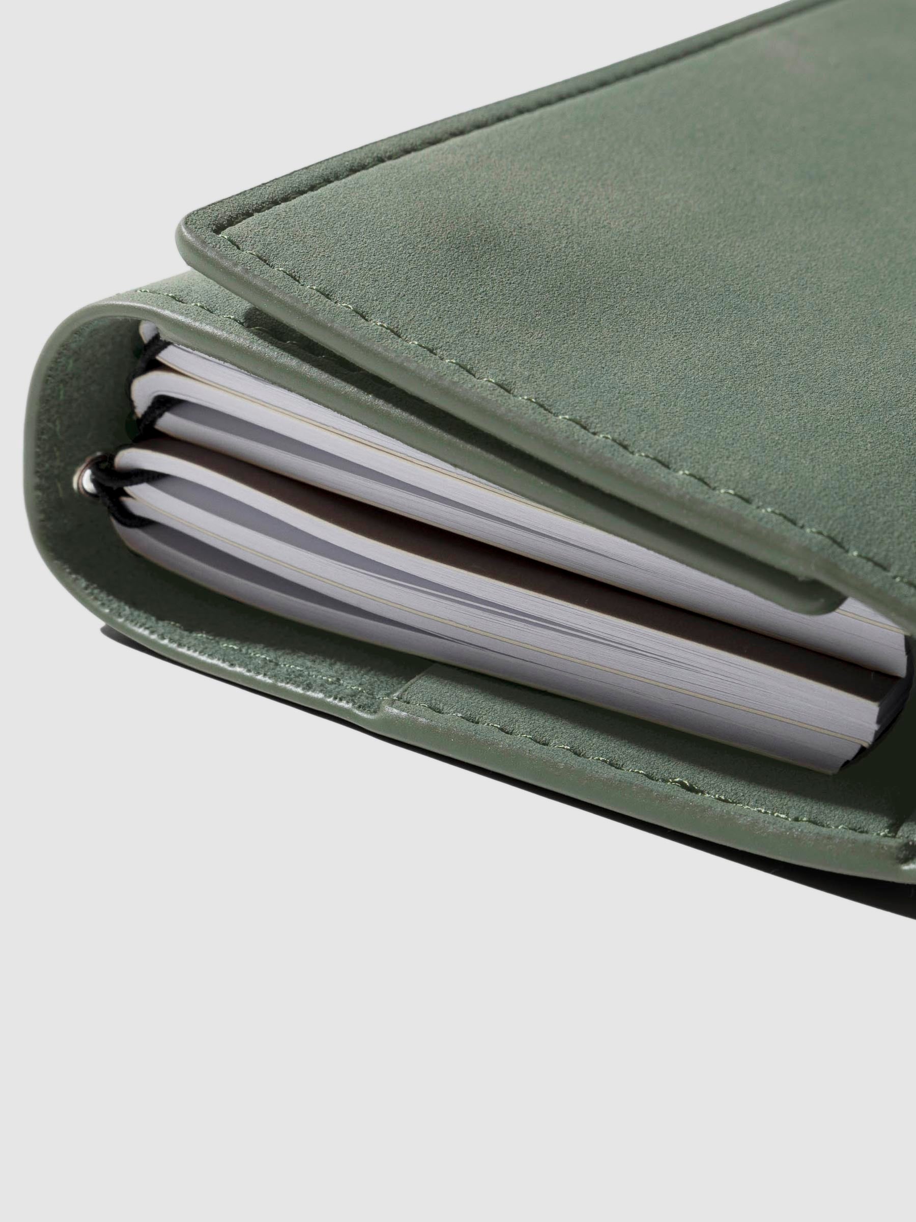 Closeup of cover shown with four notebooks inside it.