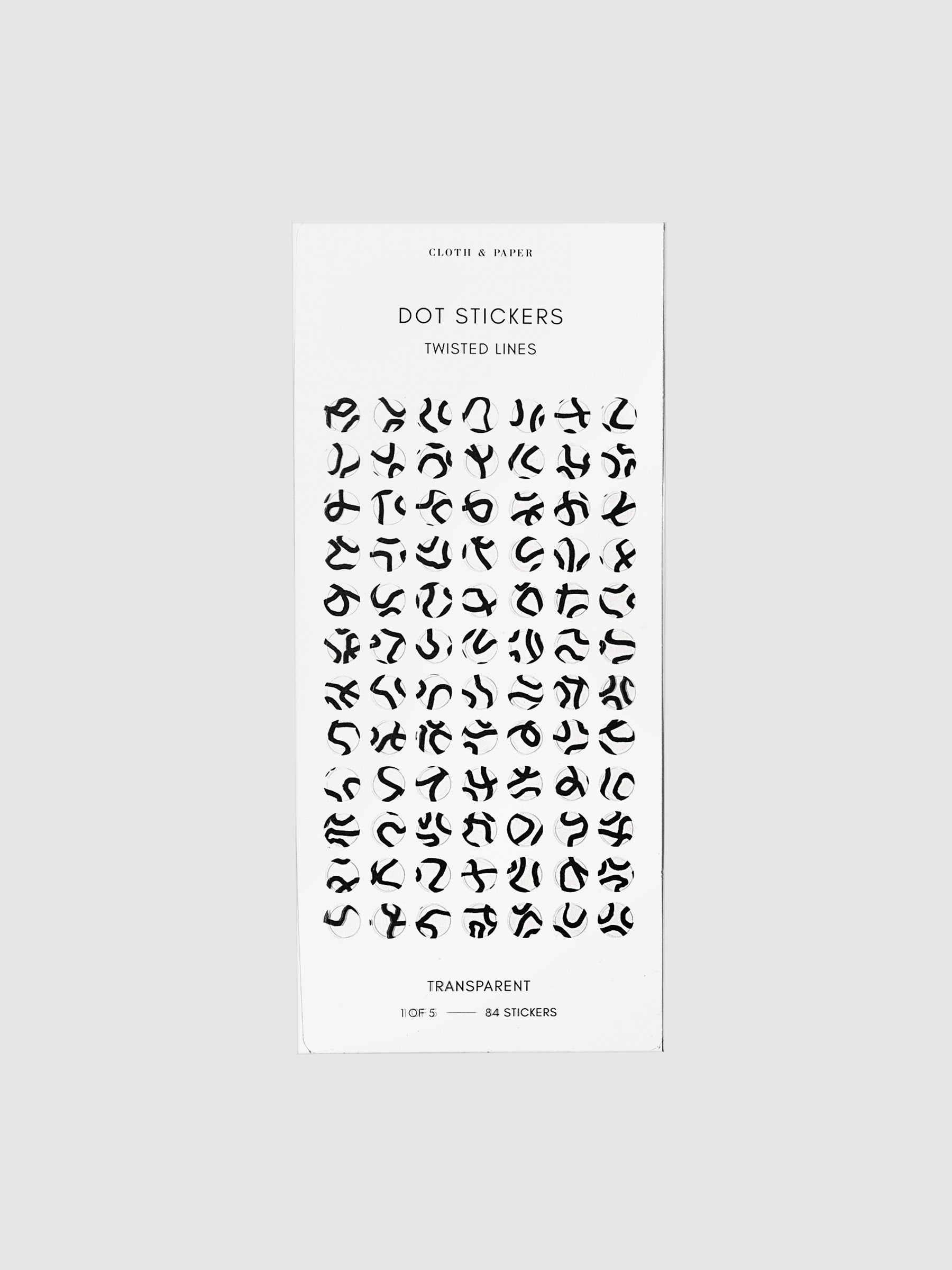 Twisted Lines Dot Sticker Set, Transparent, Cloth and Paper. Twisted line stickers displayed on a neutral background. Size shown is small.