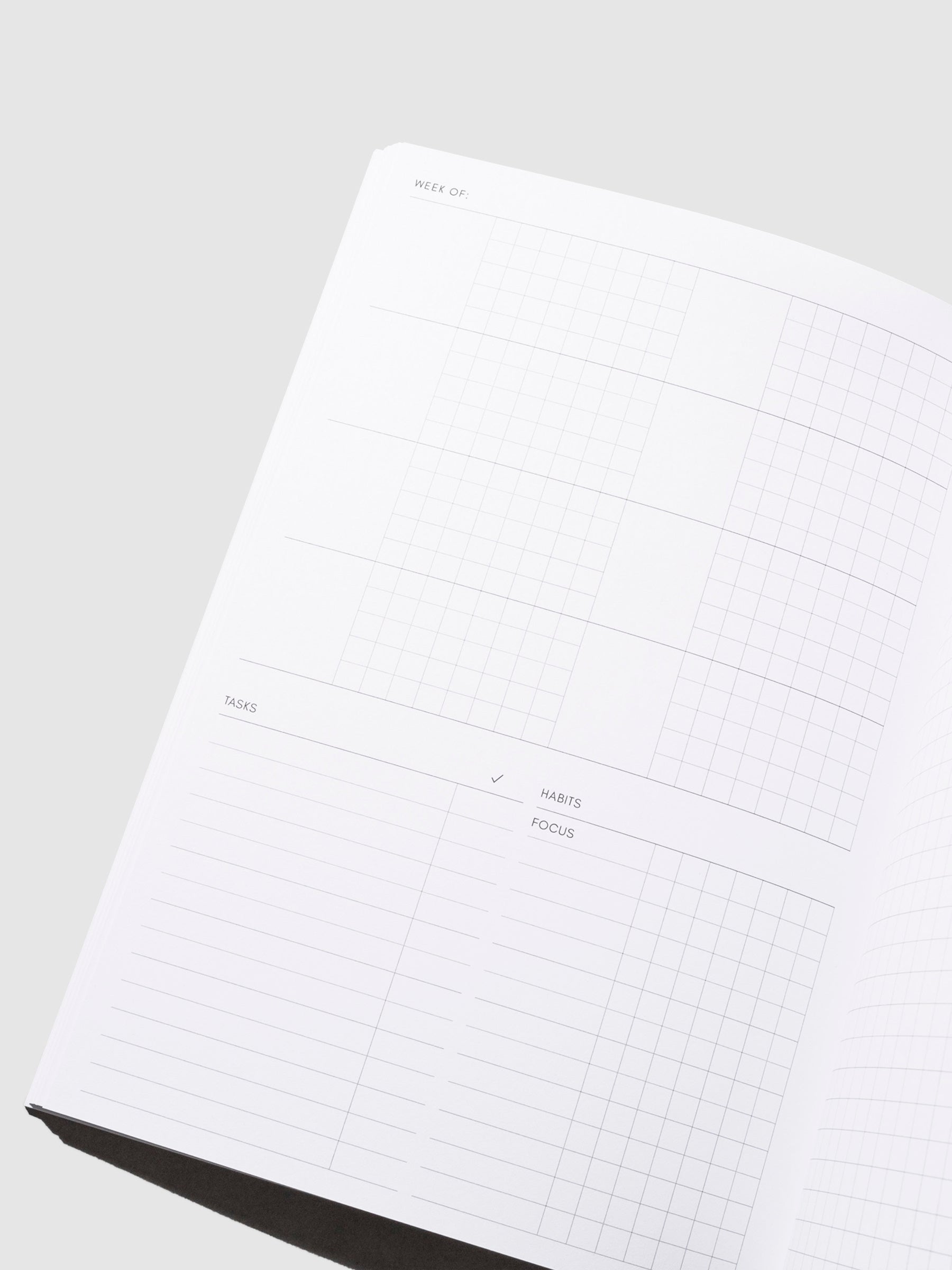 Week Of page inside notebook. Shown is the undated weekly schedule, task list, and habit list.